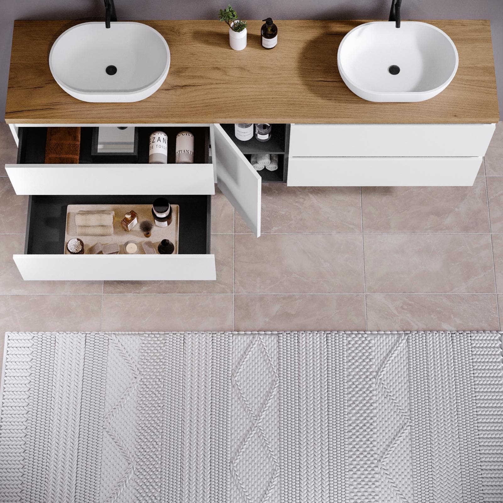 Mobile bagno sospeso 190 cm white satinato con vano reversibile e top rovere gold con specchio - Anami