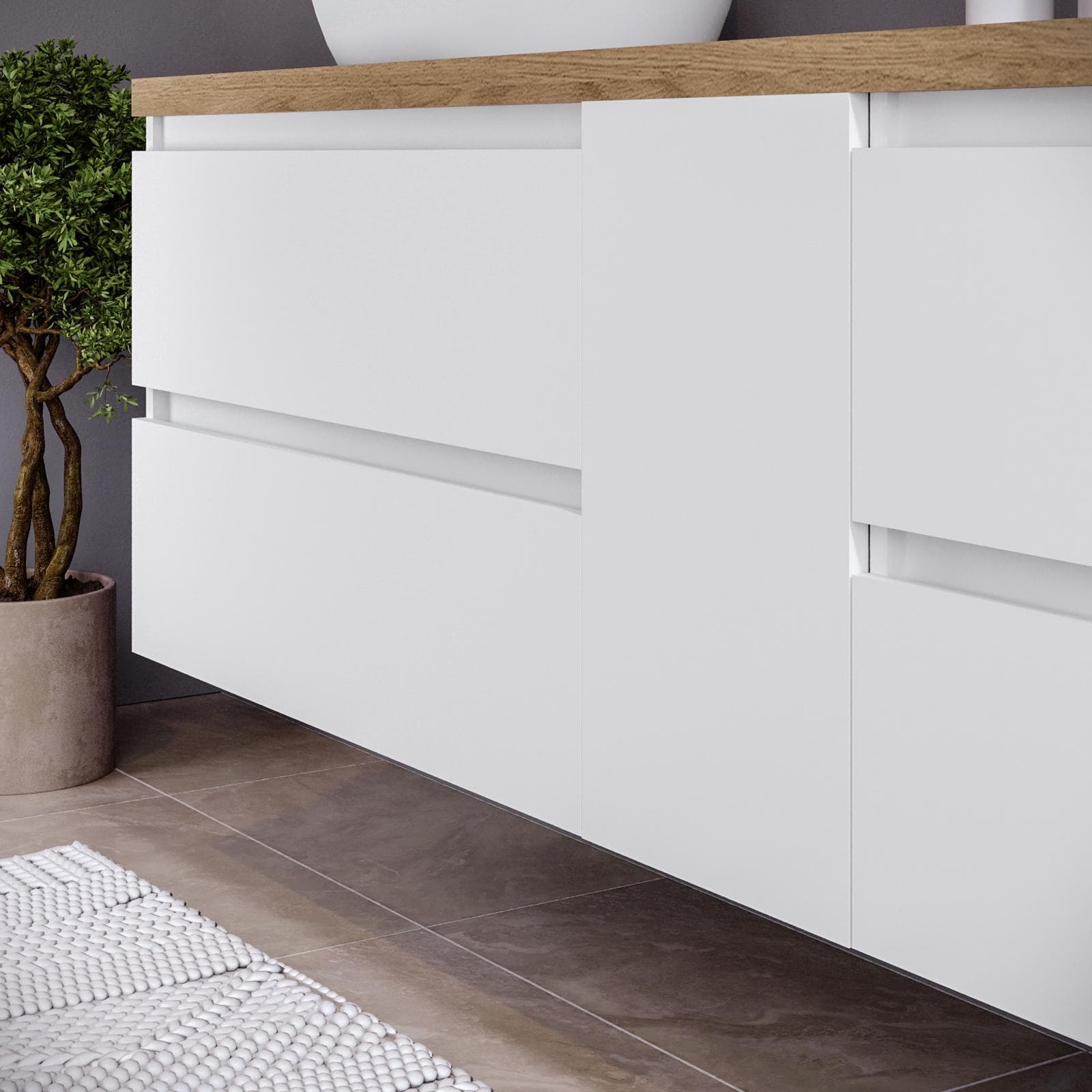 Mobile bagno sospeso 190 cm white satinato con vano reversibile e top rovere gold con specchio - Anami