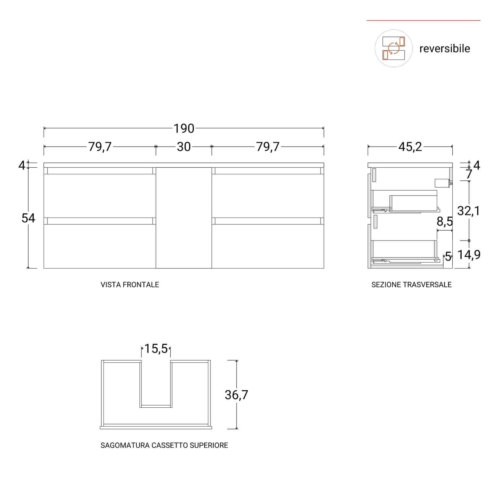 Mobile bagno sospeso 190 cm white satinato con vano reversibile e top rovere gold con specchio - Anami