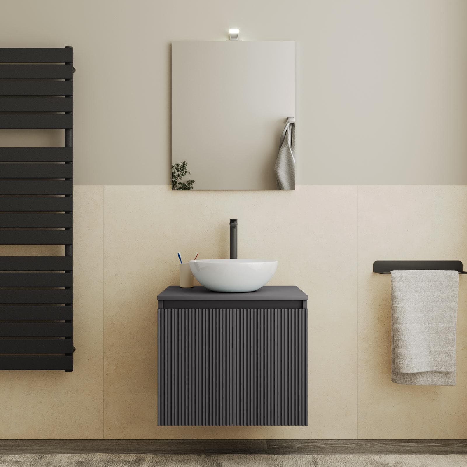 Mobile bagno sospeso 60 cm antracite cannettato con top e specchio - Nerk