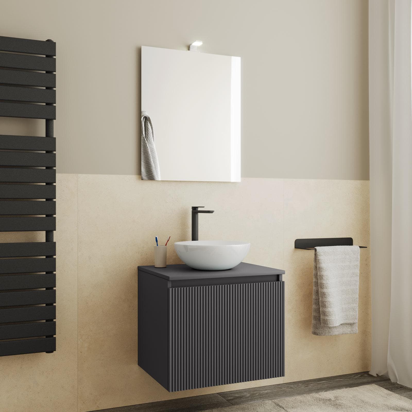 Mobile bagno sospeso 60 cm antracite cannettato con top e specchio - Nerk