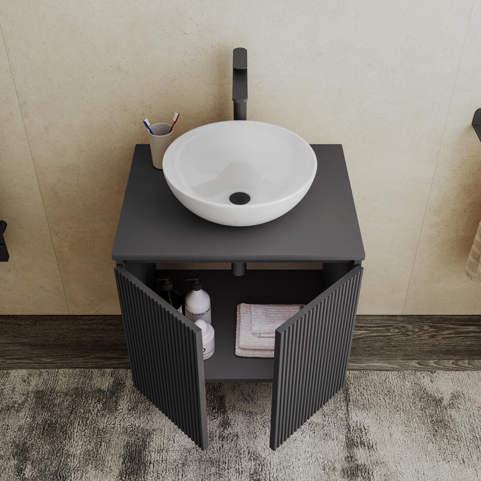 Mobile bagno sospeso 60 cm antracite cannettato con top e specchio - Nerk