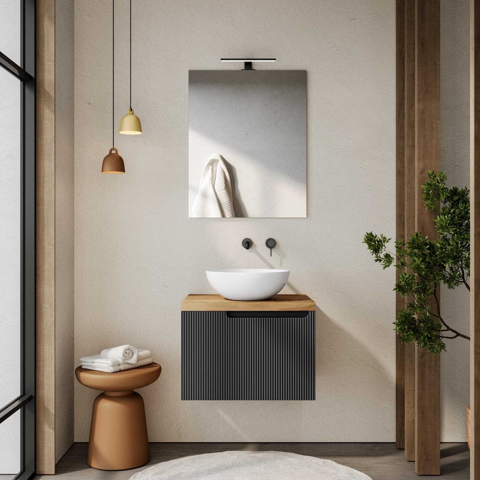 Mobile bagno sospeso 60 cm antracite cannettato con top rovere gold e specchio - Konai