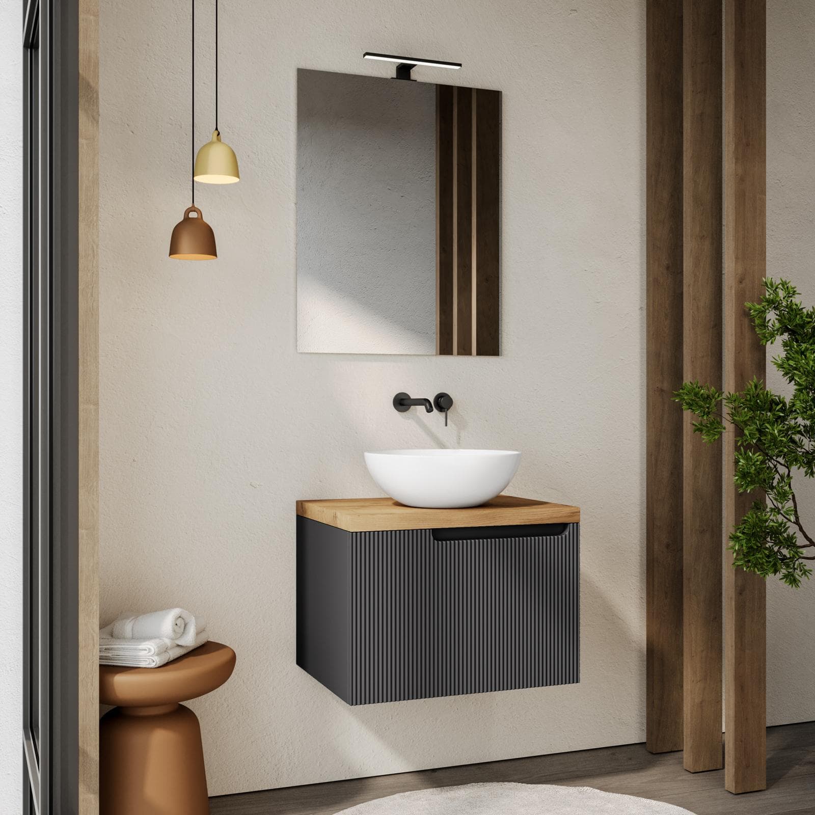 Mobile bagno sospeso 60 cm antracite cannettato con top rovere gold e specchio - Konai