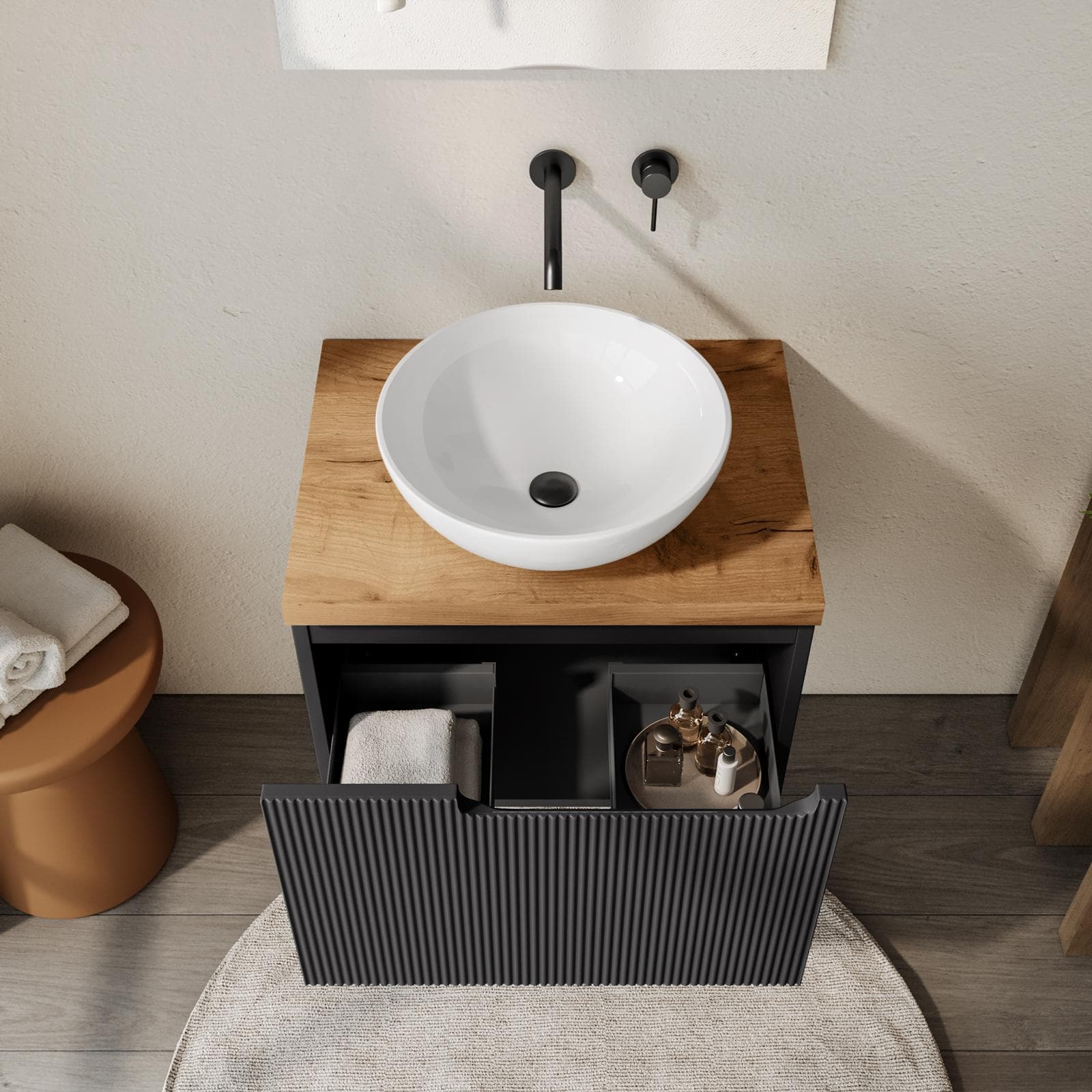 Mobile bagno sospeso 60 cm antracite cannettato con top rovere gold e specchio - Konai