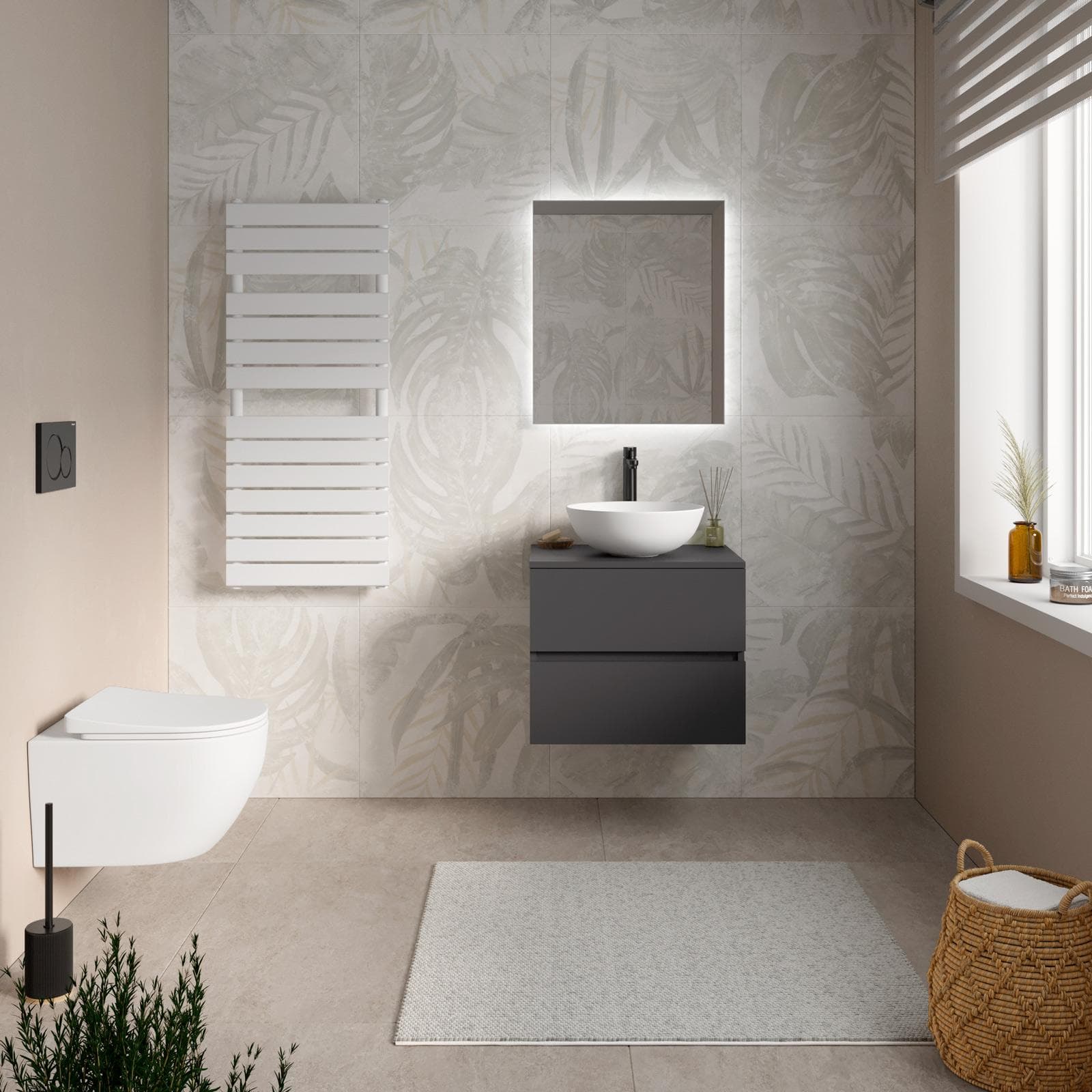 Mobile bagno sospeso 60 cm antracite con cassetti e top con specchio - Cuki