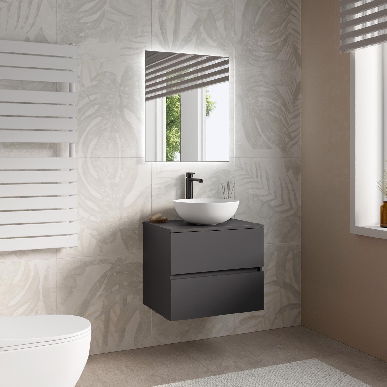 Mobile bagno sospeso 60 cm antracite con cassetti e top con specchio - Cuki