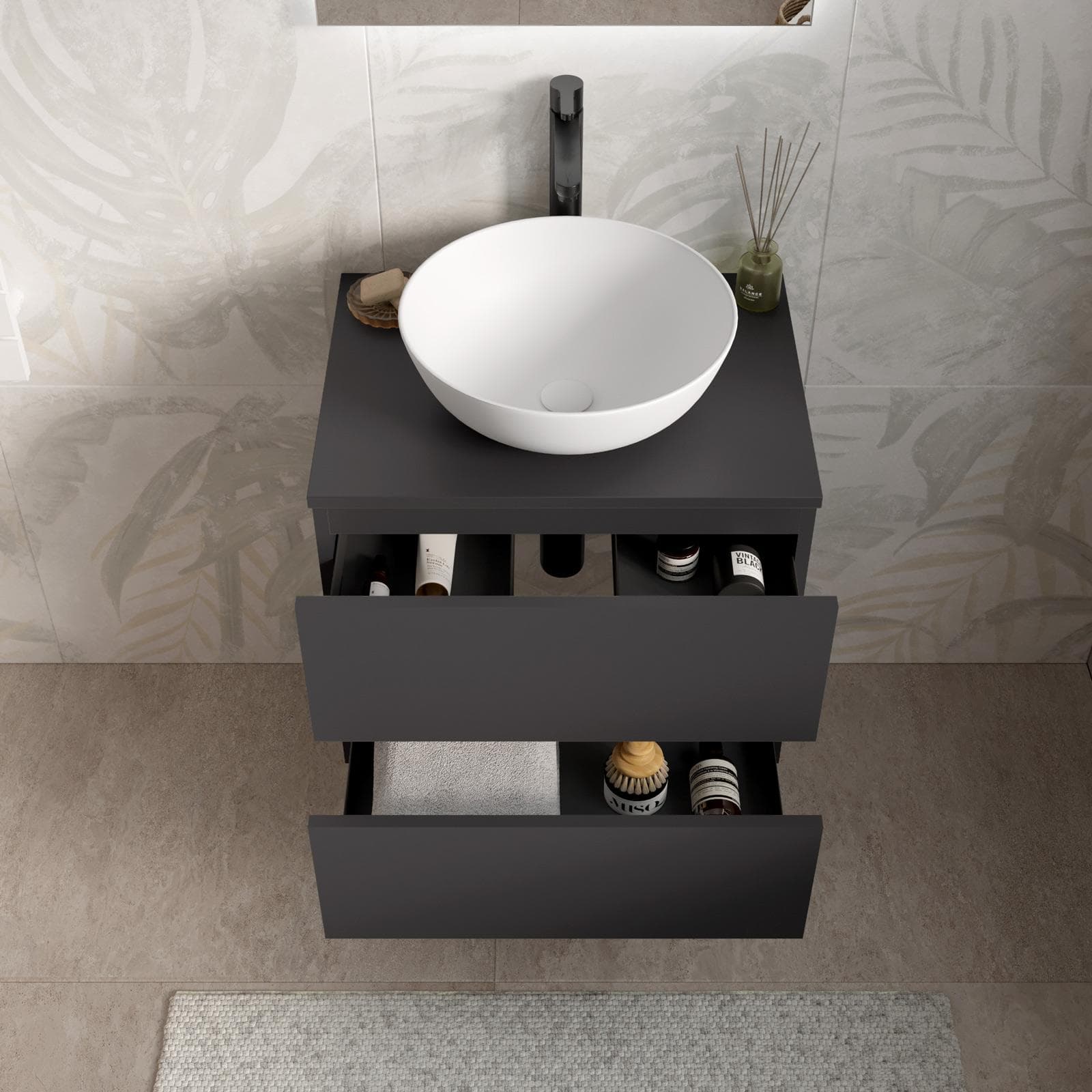 Mobile bagno sospeso 60 cm antracite con cassetti e top con specchio - Cuki