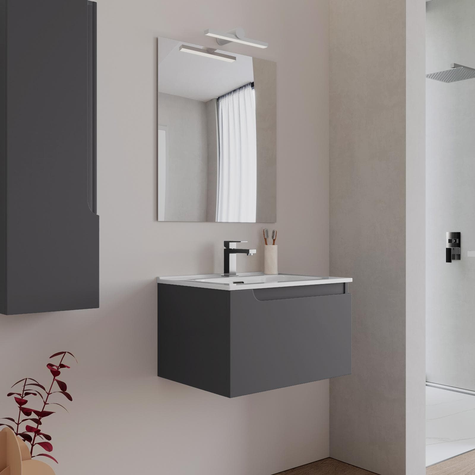 Mobile bagno sospeso 60 cm antracite con lavabo e specchio - Agave