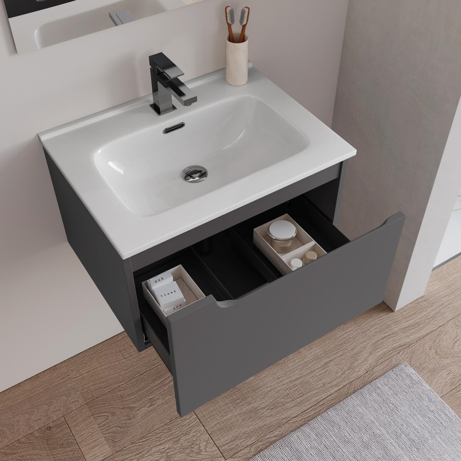 Mobile bagno sospeso 60 cm antracite con lavabo e specchio - Agave