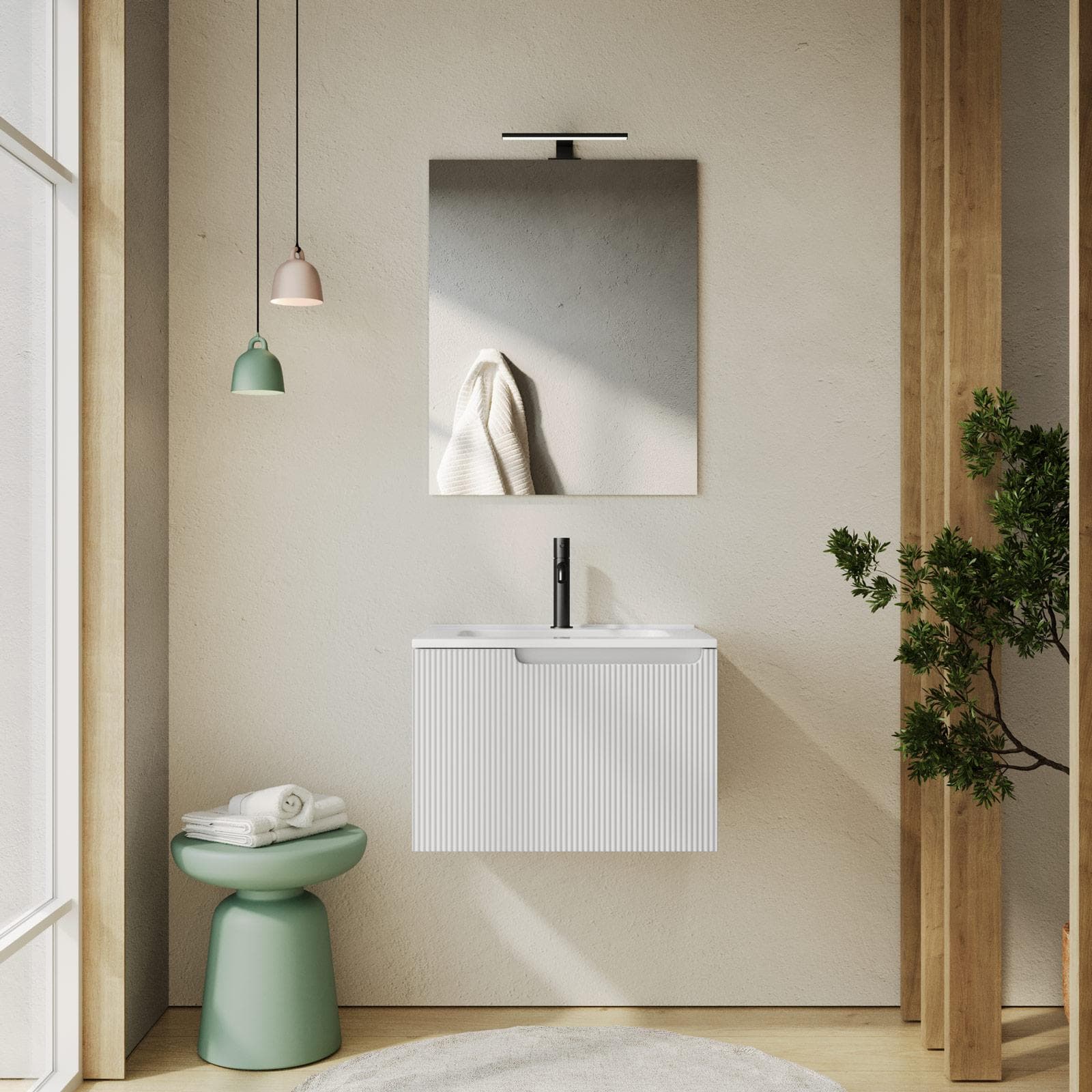 Mobile bagno sospeso 60 cm bianco opaco cannettato con lavabo e specchio - Konai