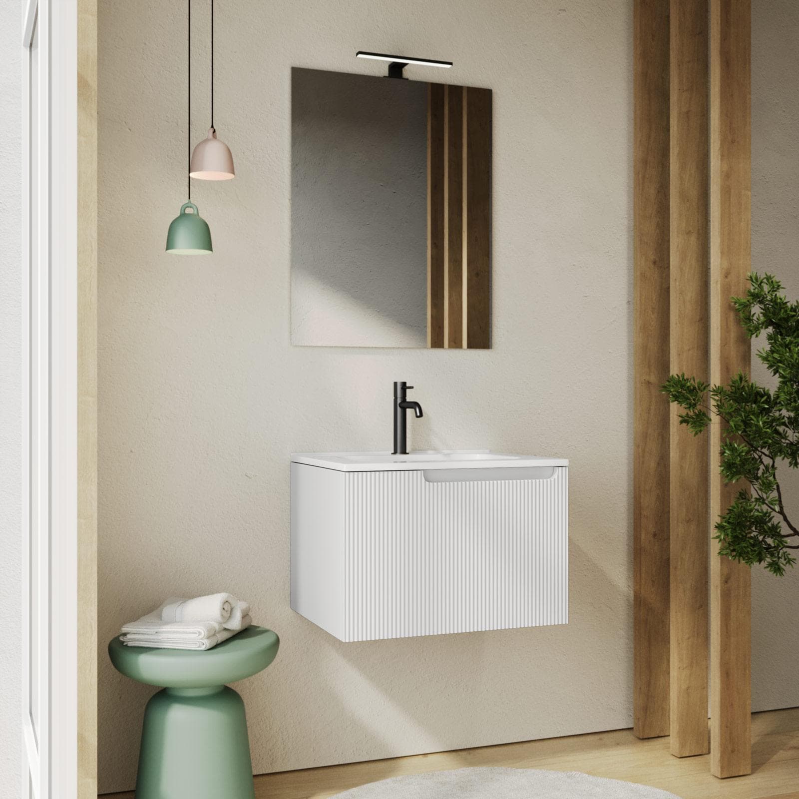Mobile bagno sospeso 60 cm bianco opaco cannettato con lavabo e specchio - Konai