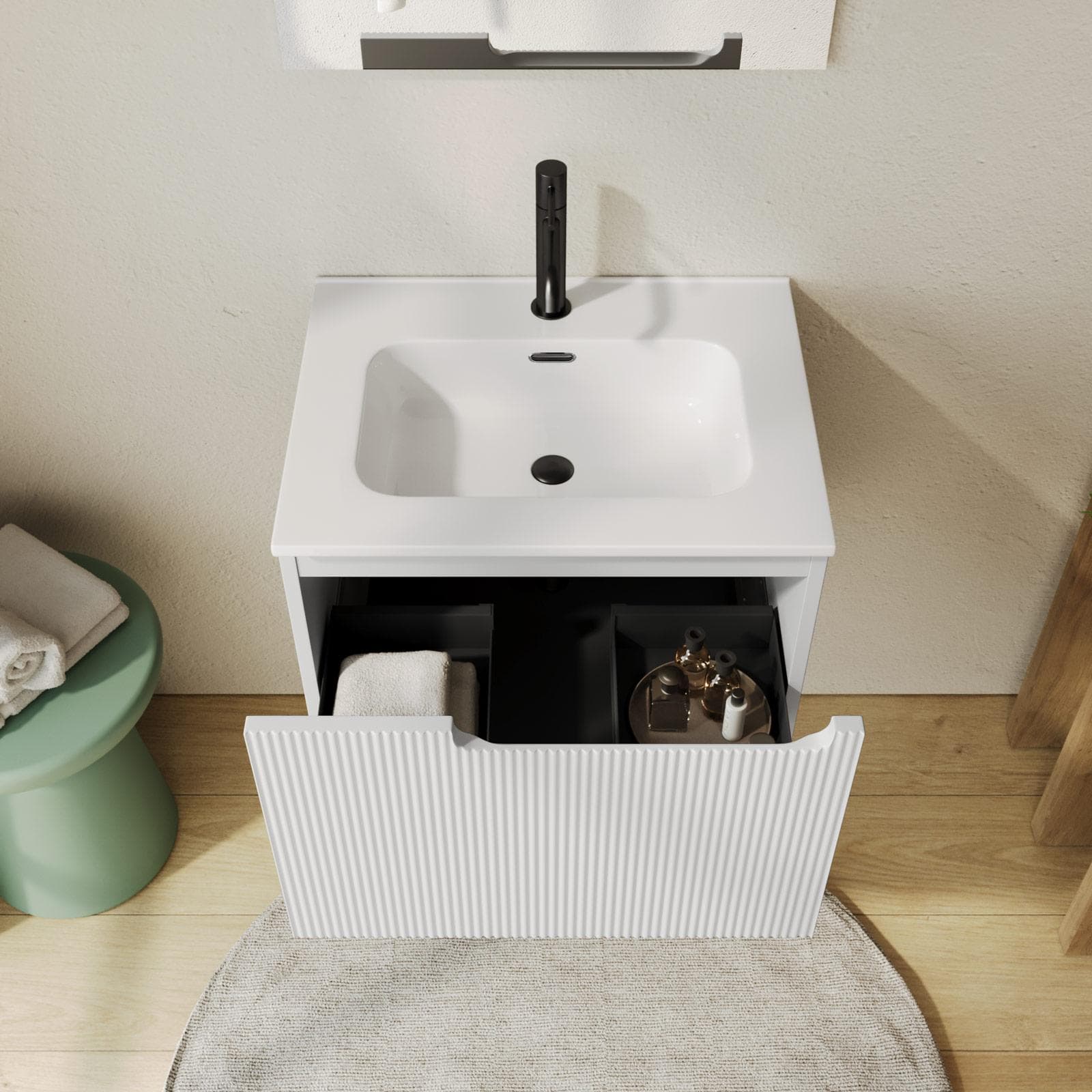 Mobile bagno sospeso 60 cm bianco opaco cannettato con lavabo e specchio - Konai