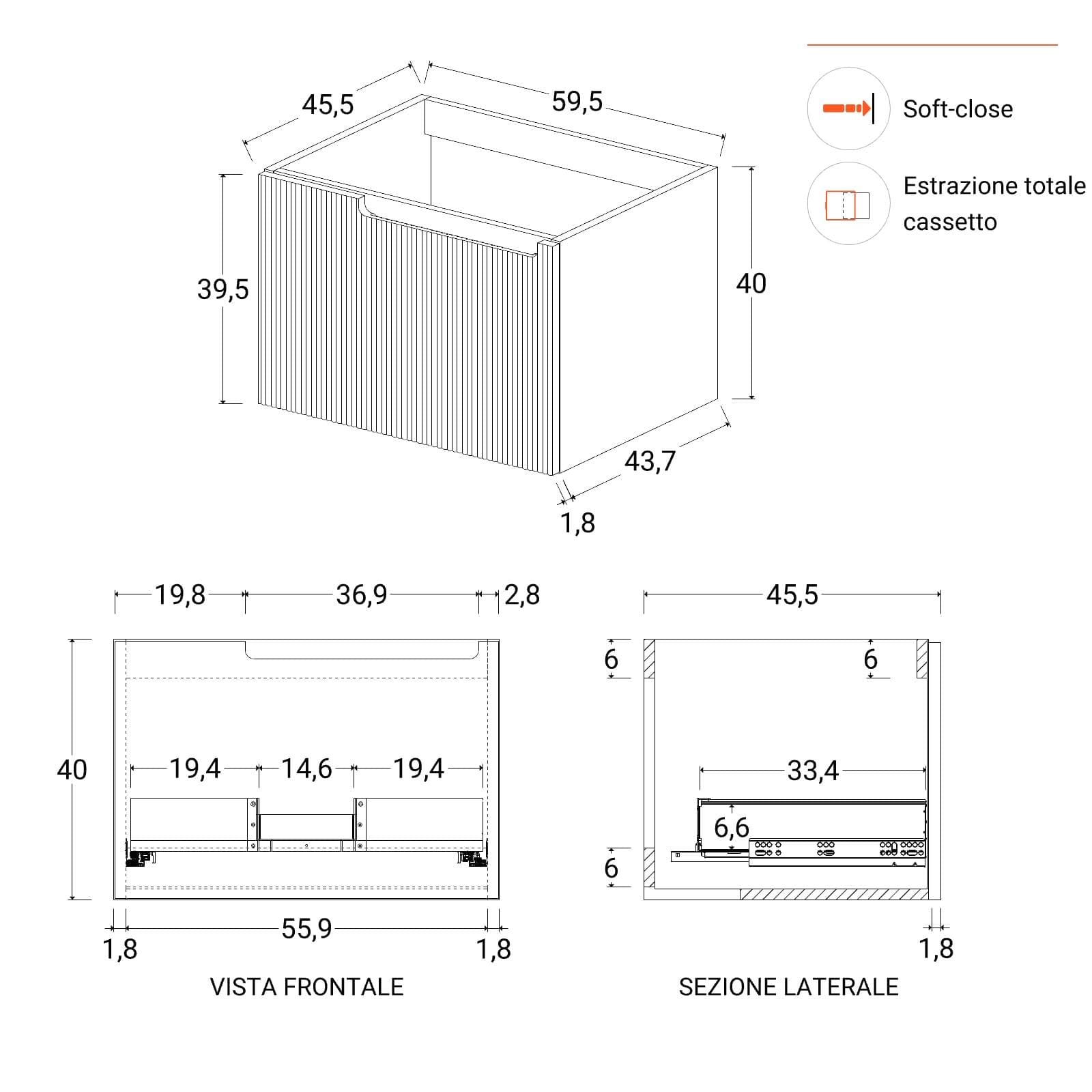 Mobile bagno sospeso 60 cm bianco opaco cannettato con lavabo e specchio - Konai