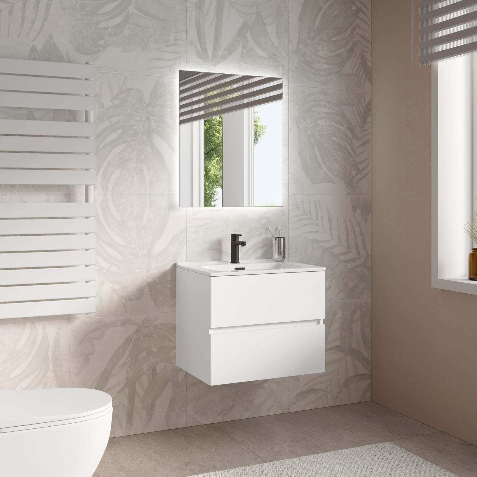 Mobile bagno sospeso 60 cm bianco opaco con cassetti e lavabo con specchio - Cuki