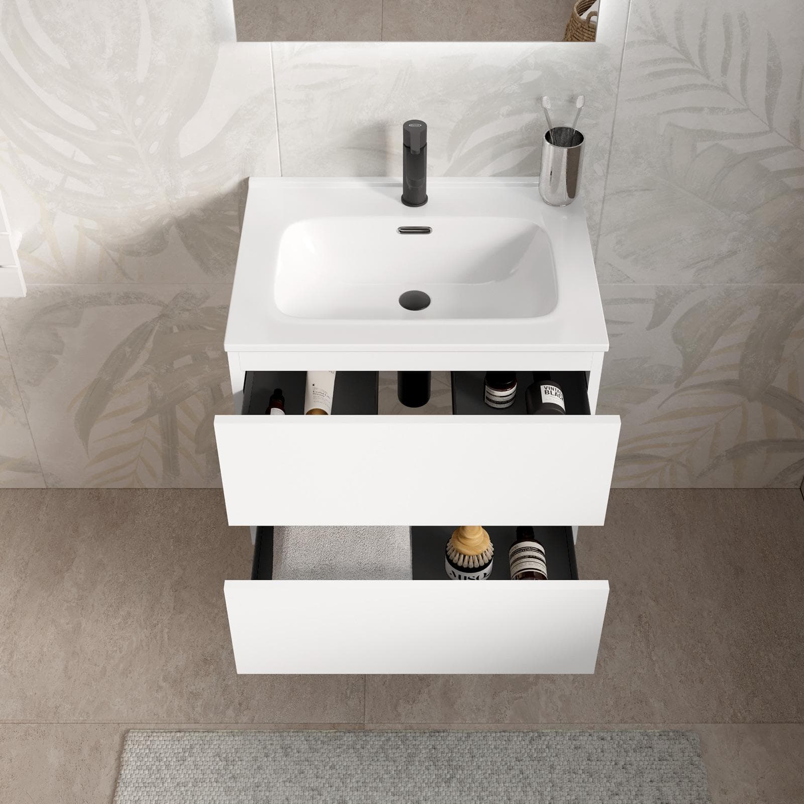 Mobile bagno sospeso 60 cm bianco opaco con cassetti e lavabo con specchio - Cuki