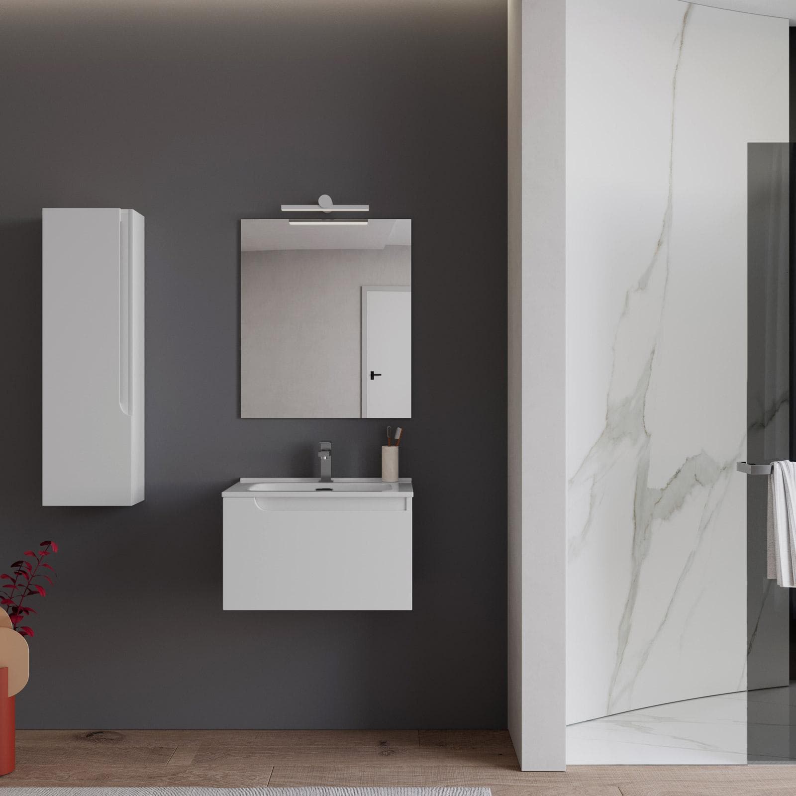 Mobile bagno sospeso 60 cm bianco opaco con lavabo e specchio - Agave