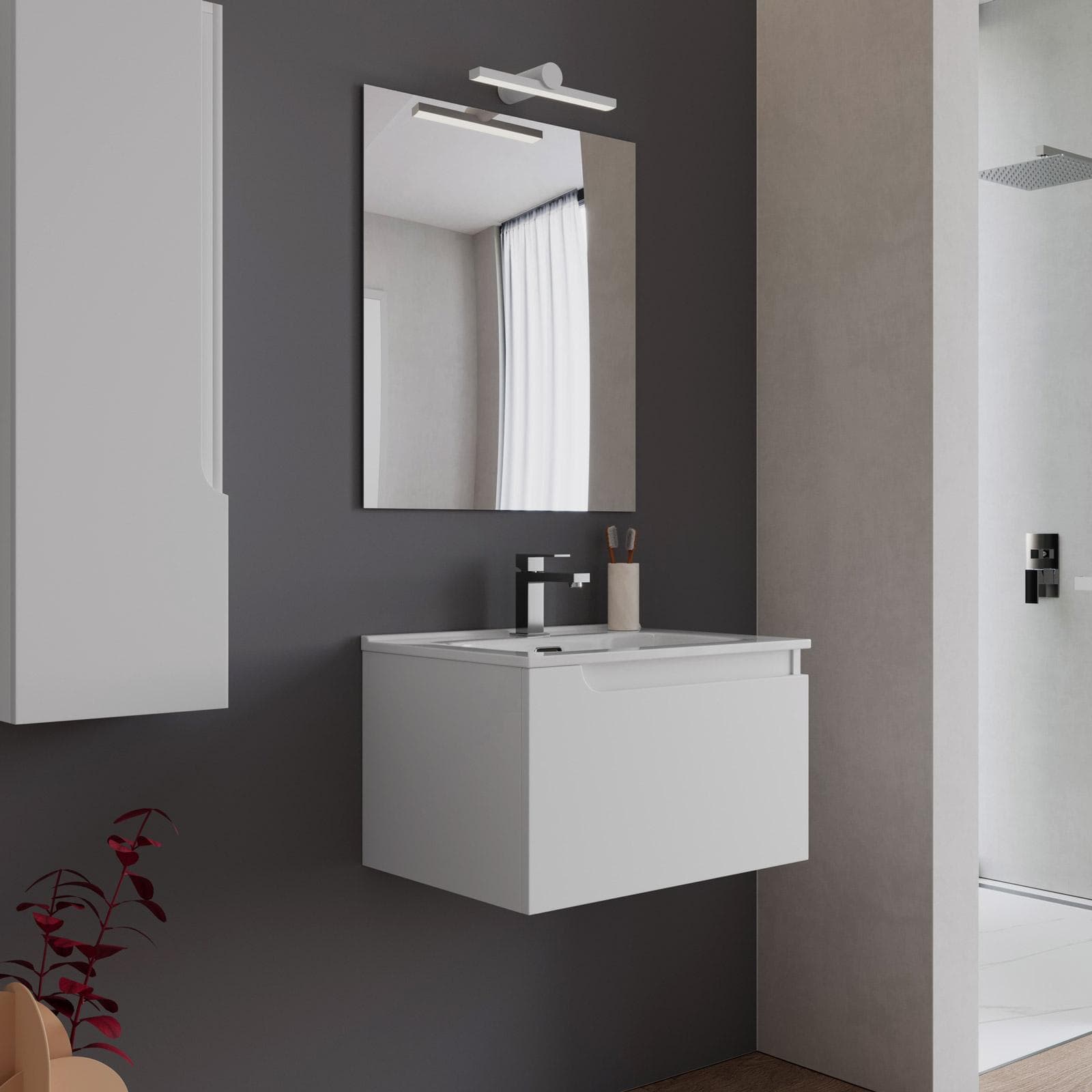 Mobile bagno sospeso 60 cm bianco opaco con lavabo e specchio - Agave