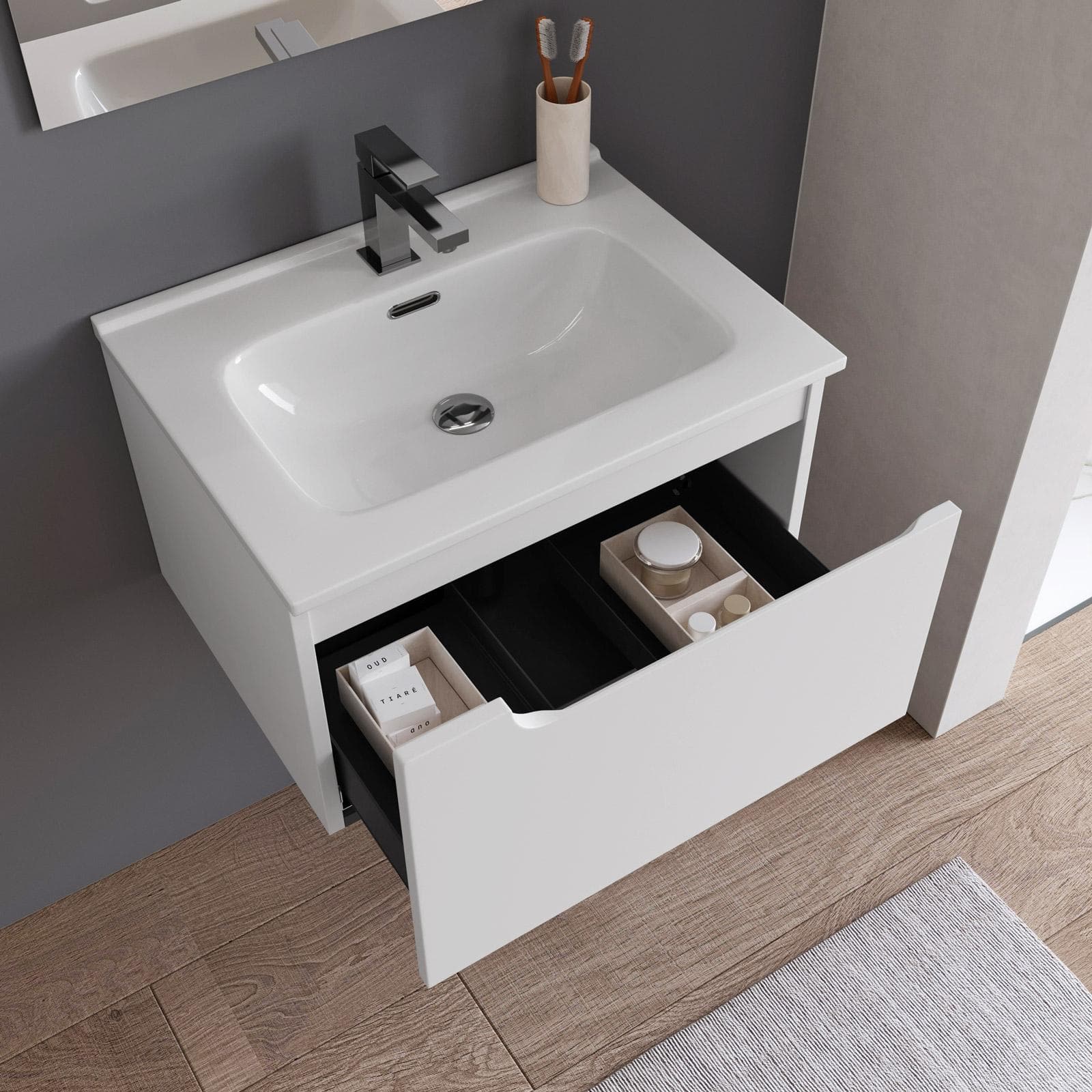 Mobile bagno sospeso 60 cm bianco opaco con lavabo e specchio - Agave