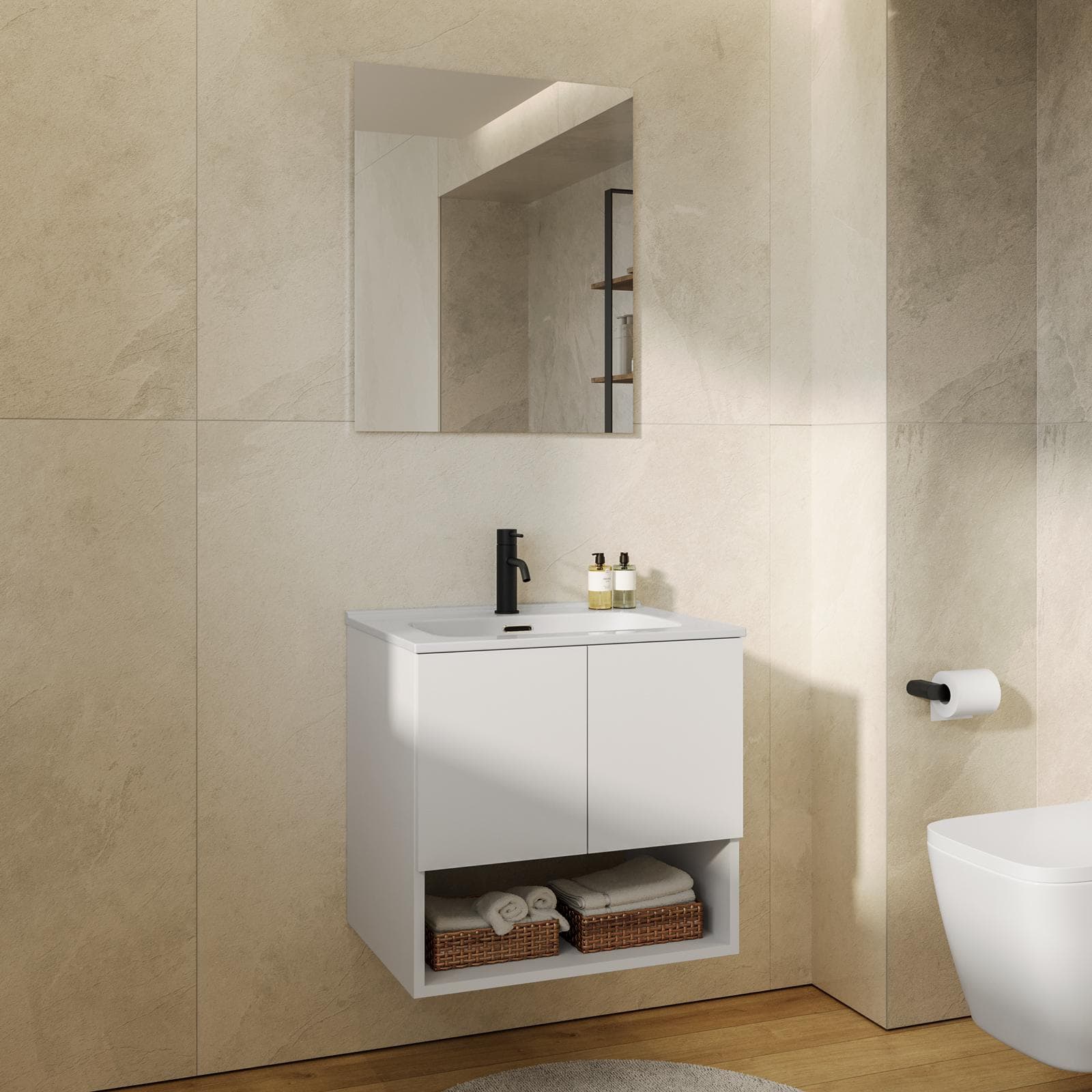 Mobile bagno sospeso 60 cm bianco opaco con lavabo integrato e specchio - Lion
