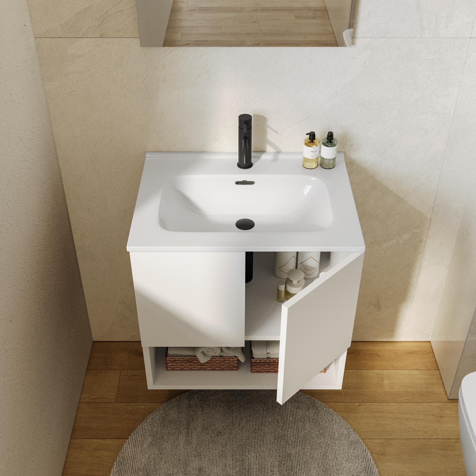 Mobile bagno sospeso 60 cm bianco opaco con lavabo integrato e specchio - Lion