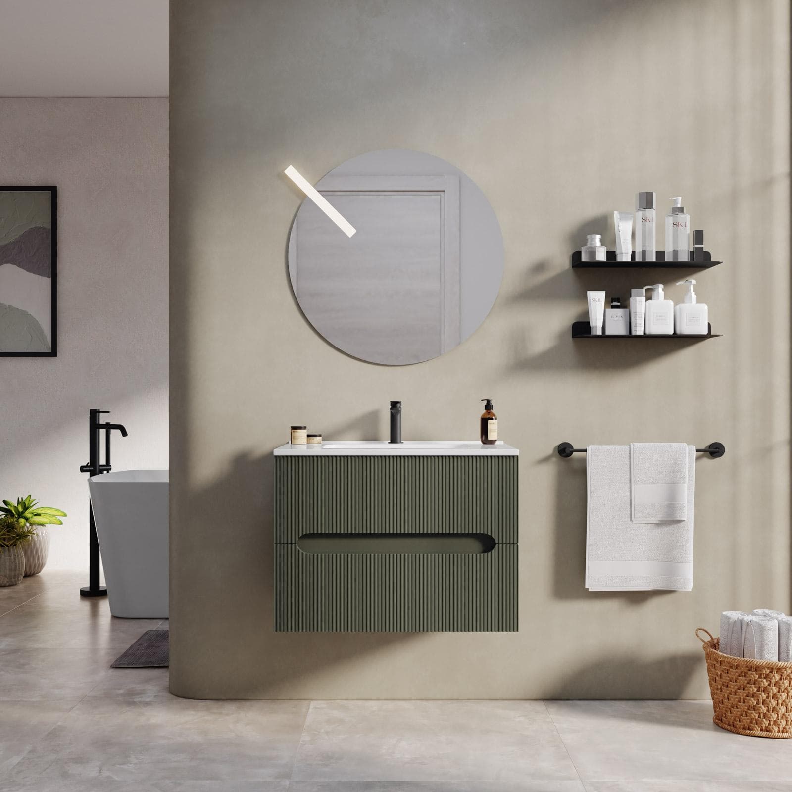 Mobile bagno sospeso 60 cm cannettato con cassetti verde cemento e specchio - Tayga