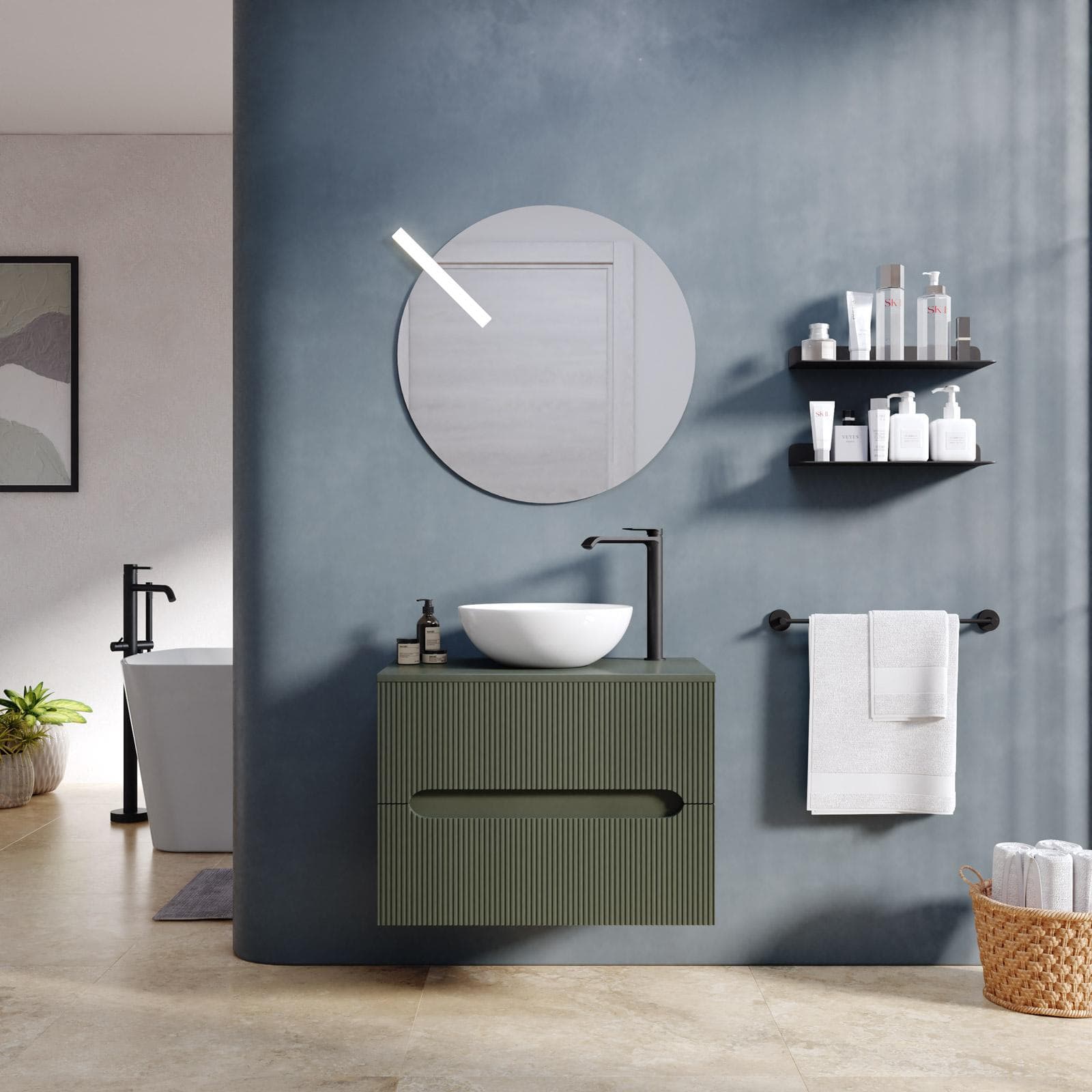 Mobile bagno sospeso 60 cm cannettato con cassetti verde cemento e top - Tayga