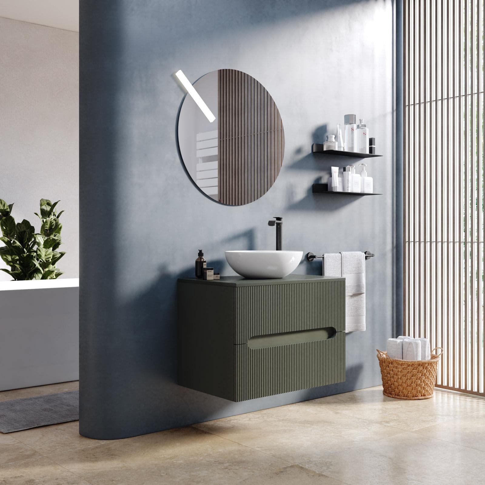 Mobile bagno sospeso 60 cm cannettato con cassetti verde cemento e top - Tayga
