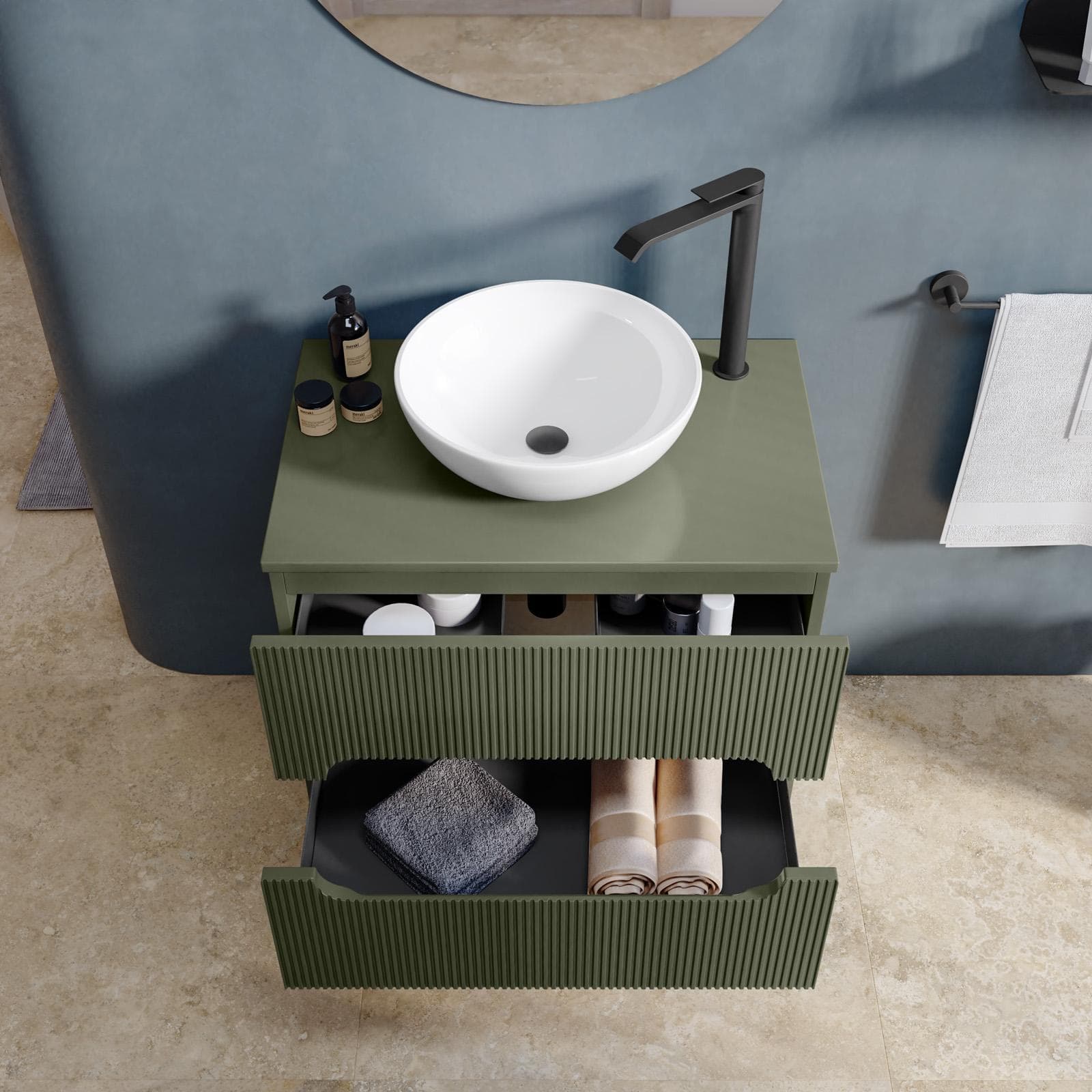 Mobile bagno sospeso 60 cm cannettato con cassetti verde cemento e top - Tayga
