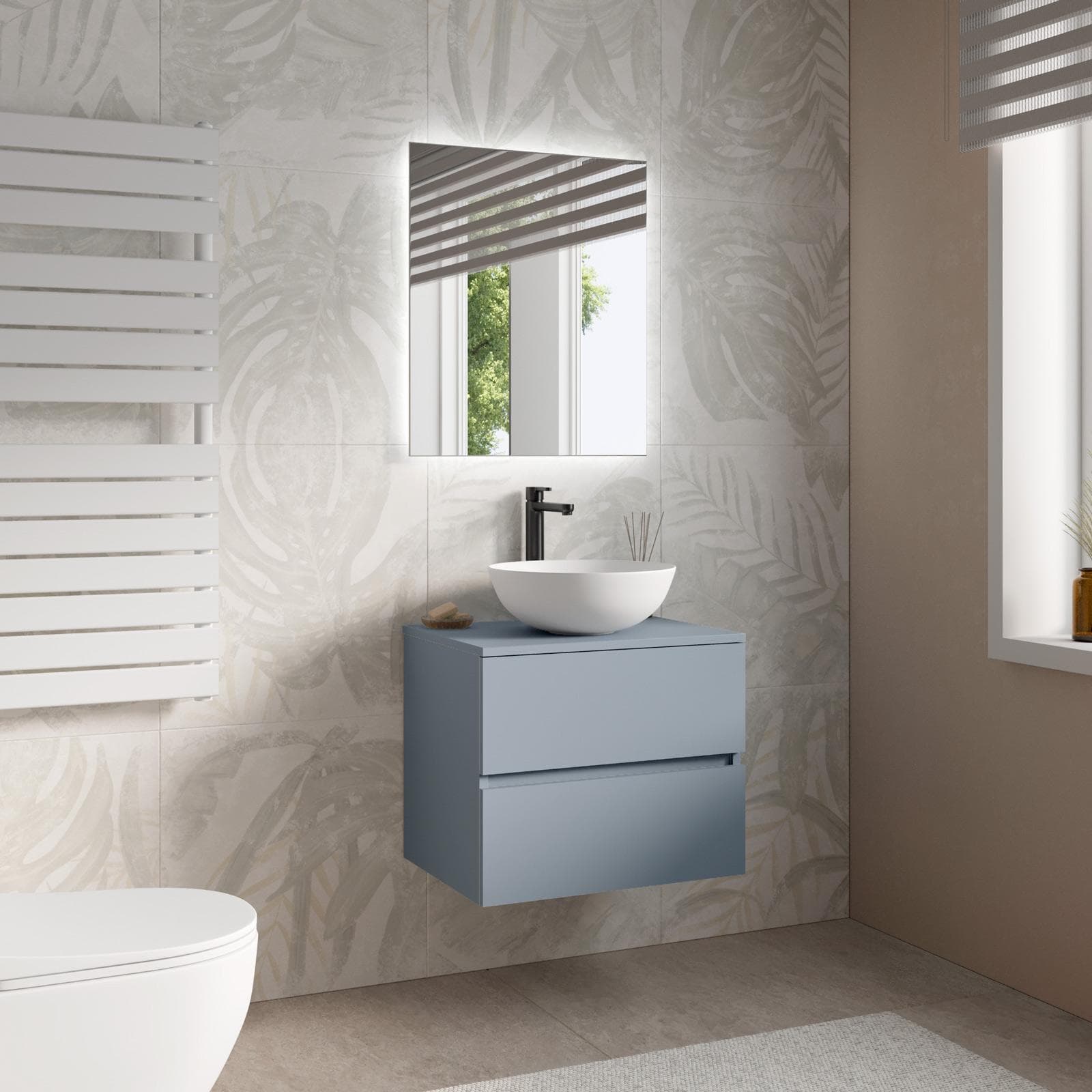 Mobile bagno sospeso 60 cm carta da zucchero con cassetti e top con specchio - Cuki