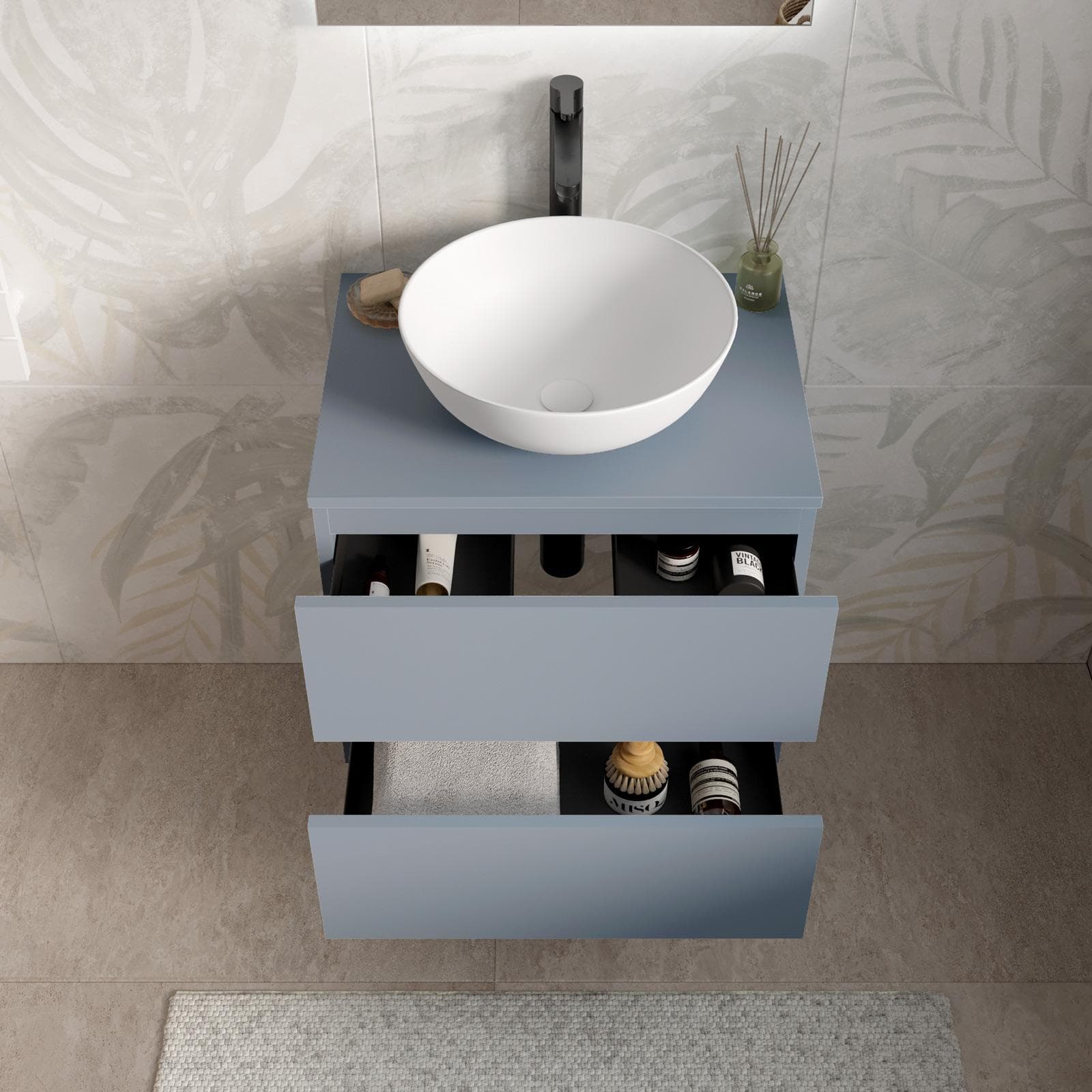 Mobile bagno sospeso 60 cm carta da zucchero con cassetti e top con specchio - Cuki