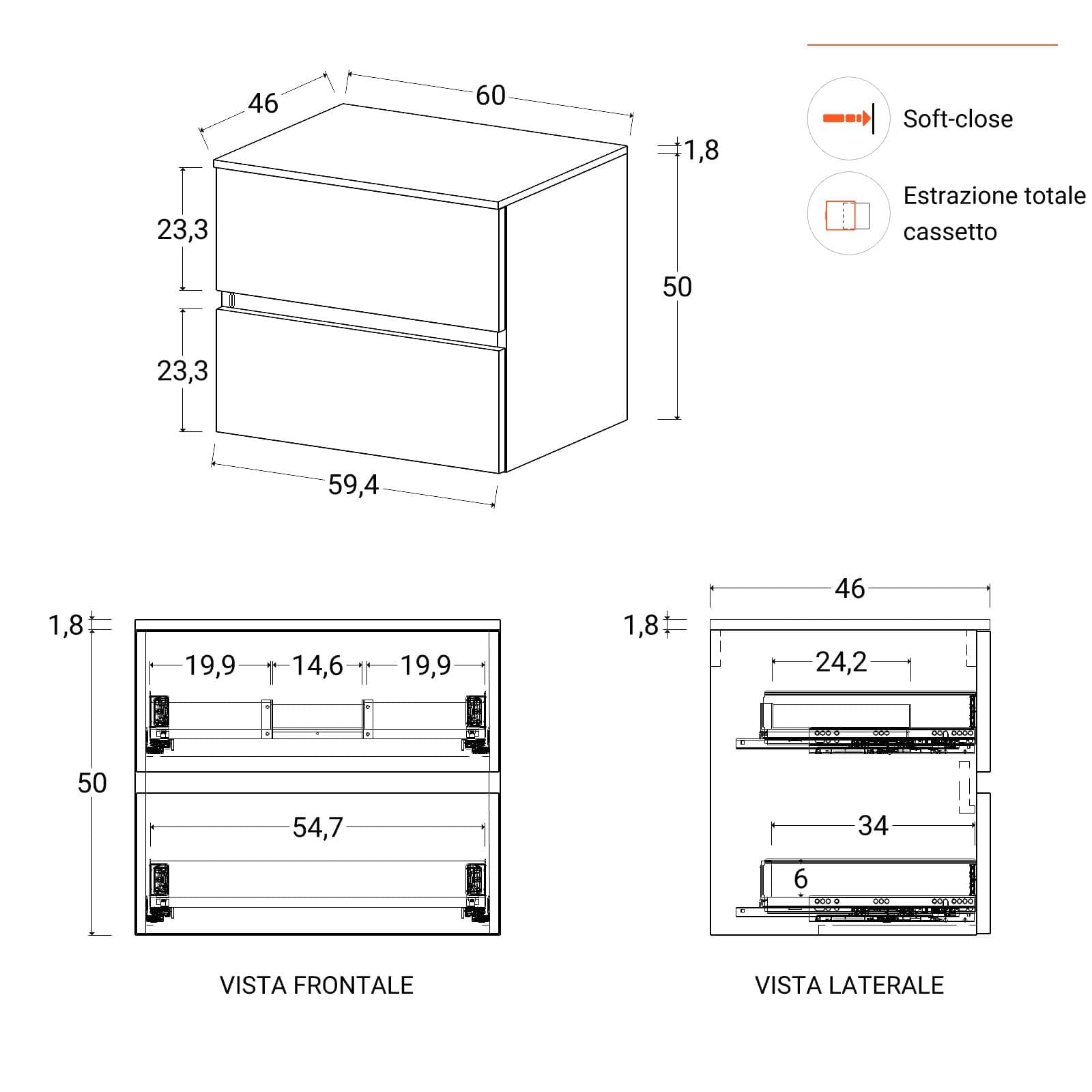 Mobile bagno sospeso 60 cm carta da zucchero con cassetti e top con specchio - Cuki