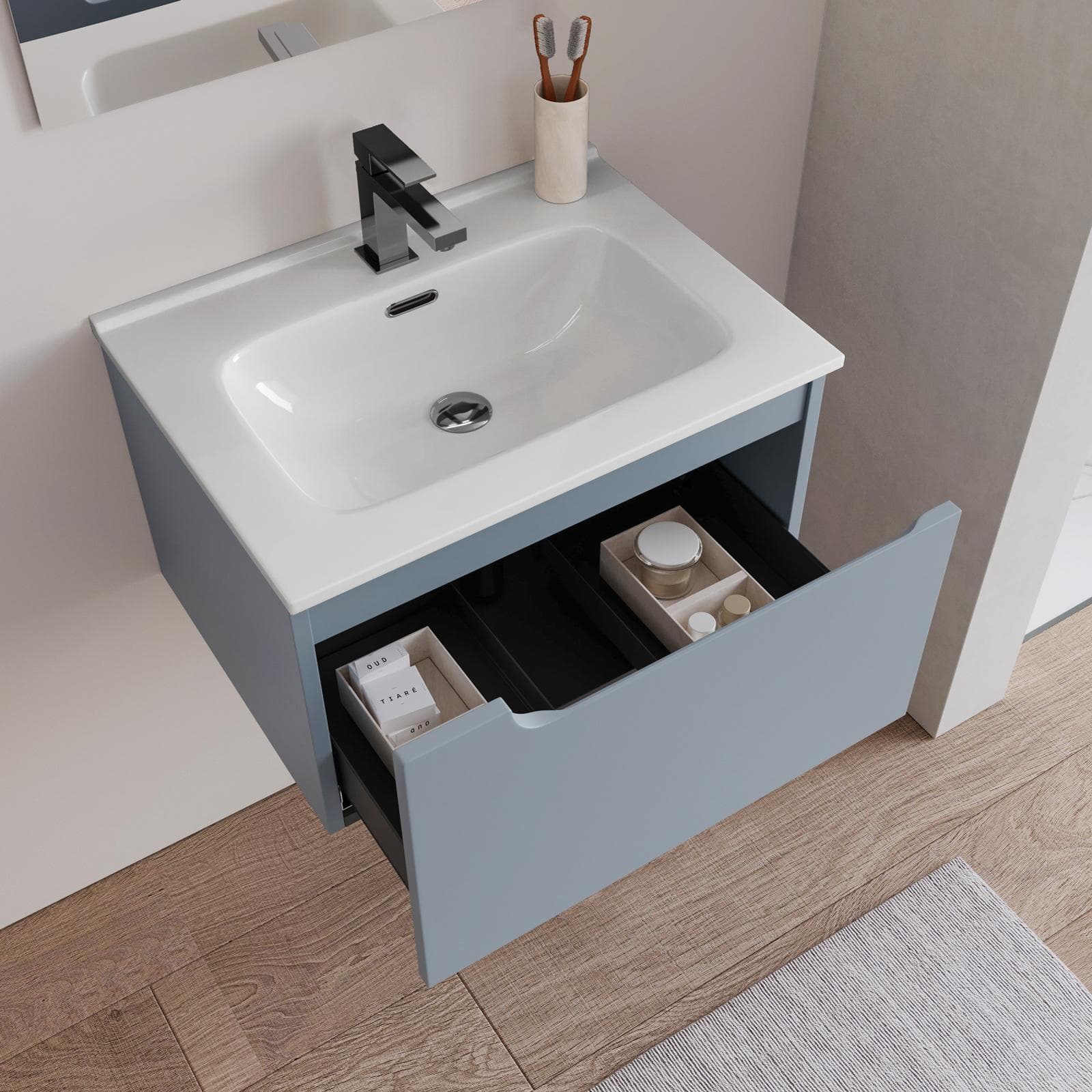 Mobile bagno sospeso 60 cm carta da zucchero con lavabo e specchio - Agave