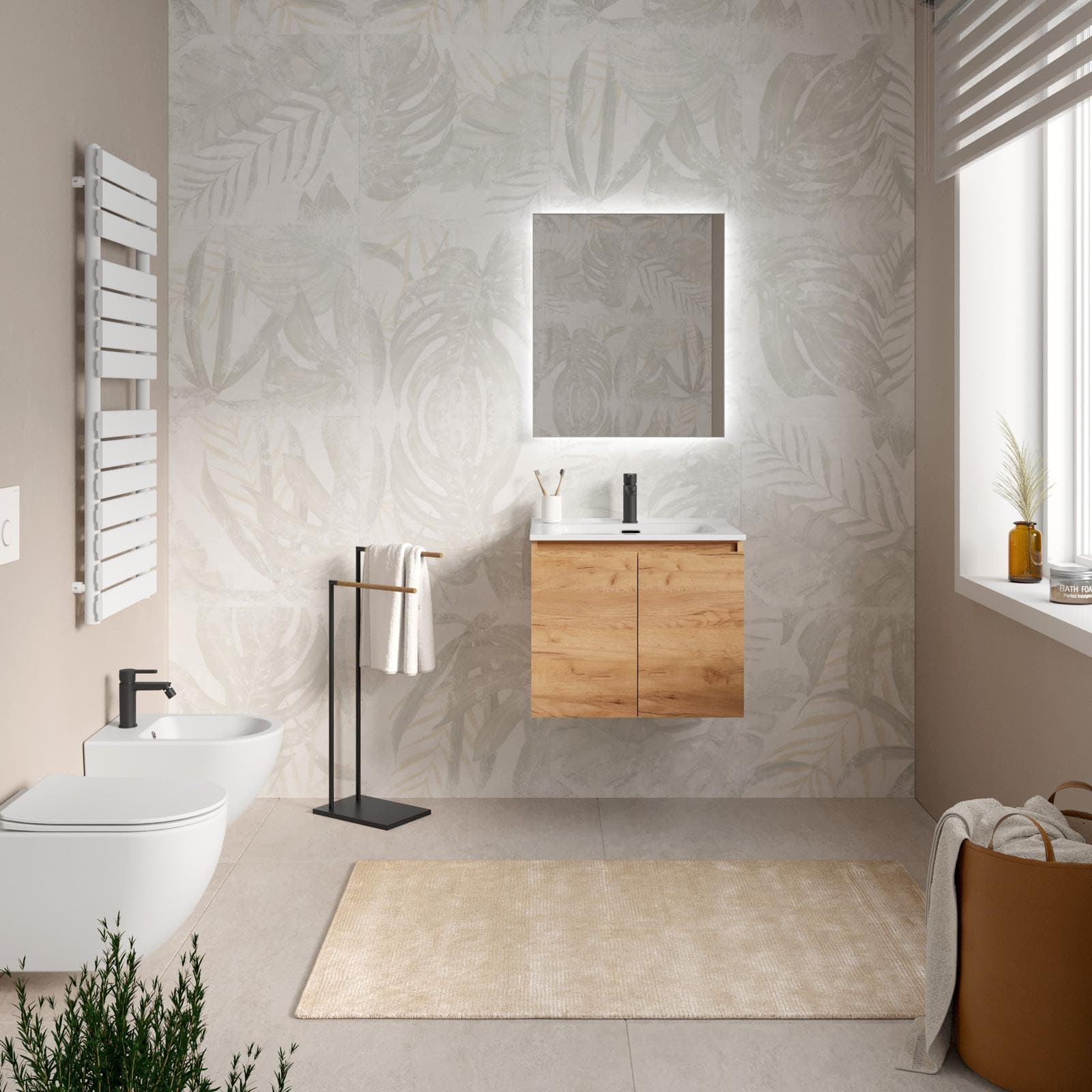 Mobile bagno sospeso 60 cm rovere gold con lavabo e specchio - Cuki