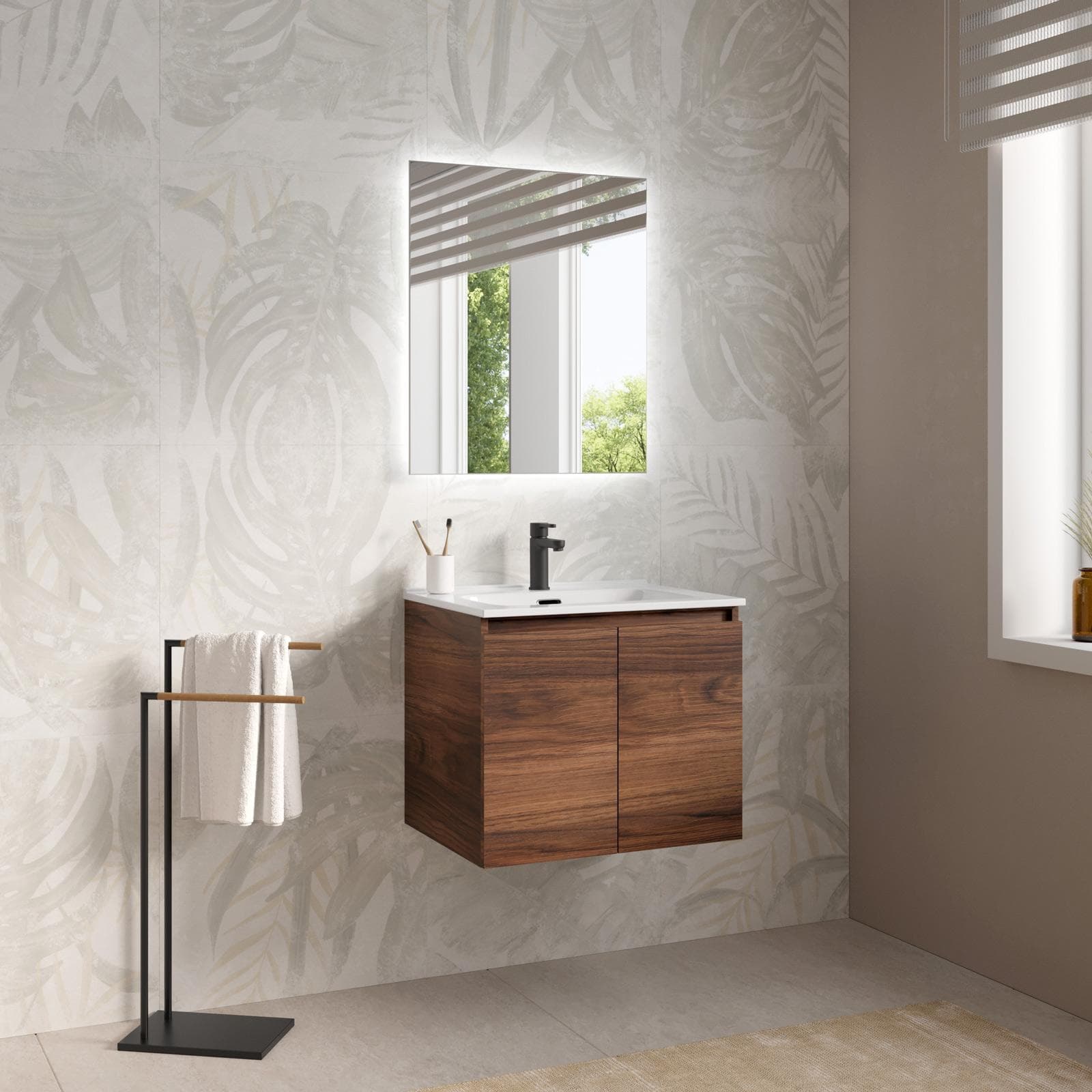 Mobile bagno sospeso 60 cm rovere deciso con lavabo e specchio - Cuki