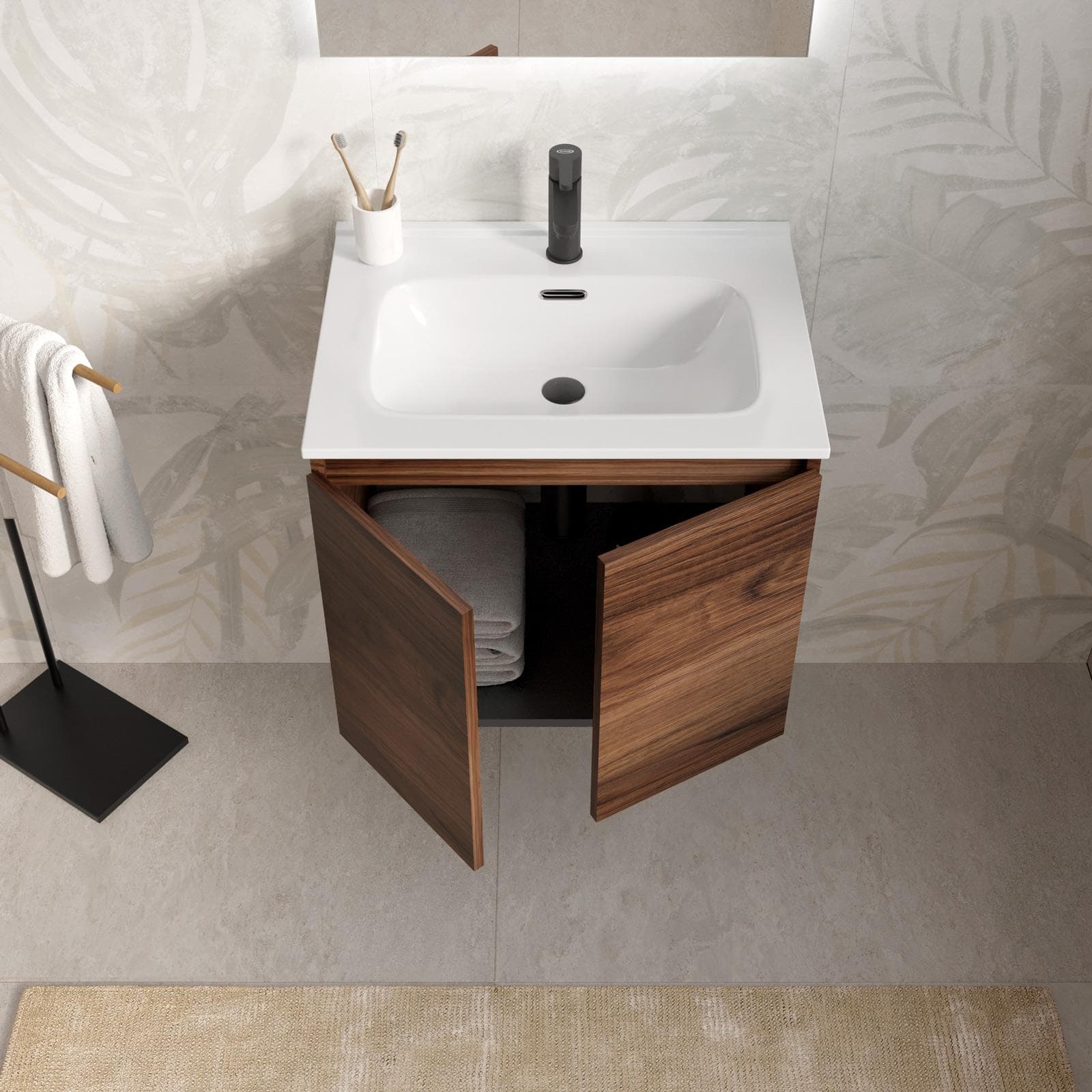 Mobile bagno sospeso 60 cm rovere deciso con lavabo e specchio - Cuki