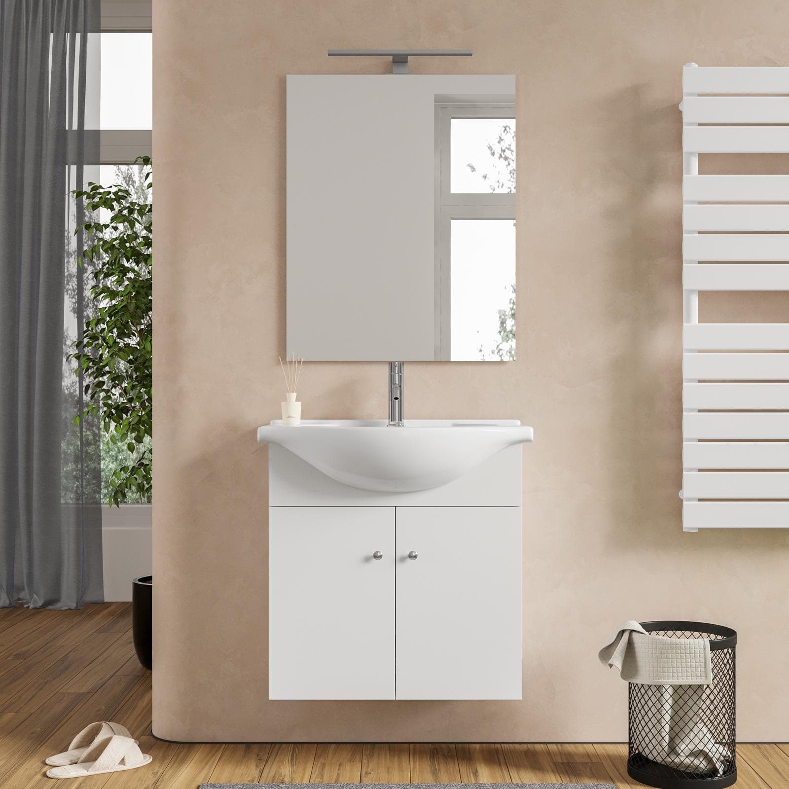 Mobile bagno sospeso 60 cm con lavabo integrato e specchio bianco opaco - Benjo