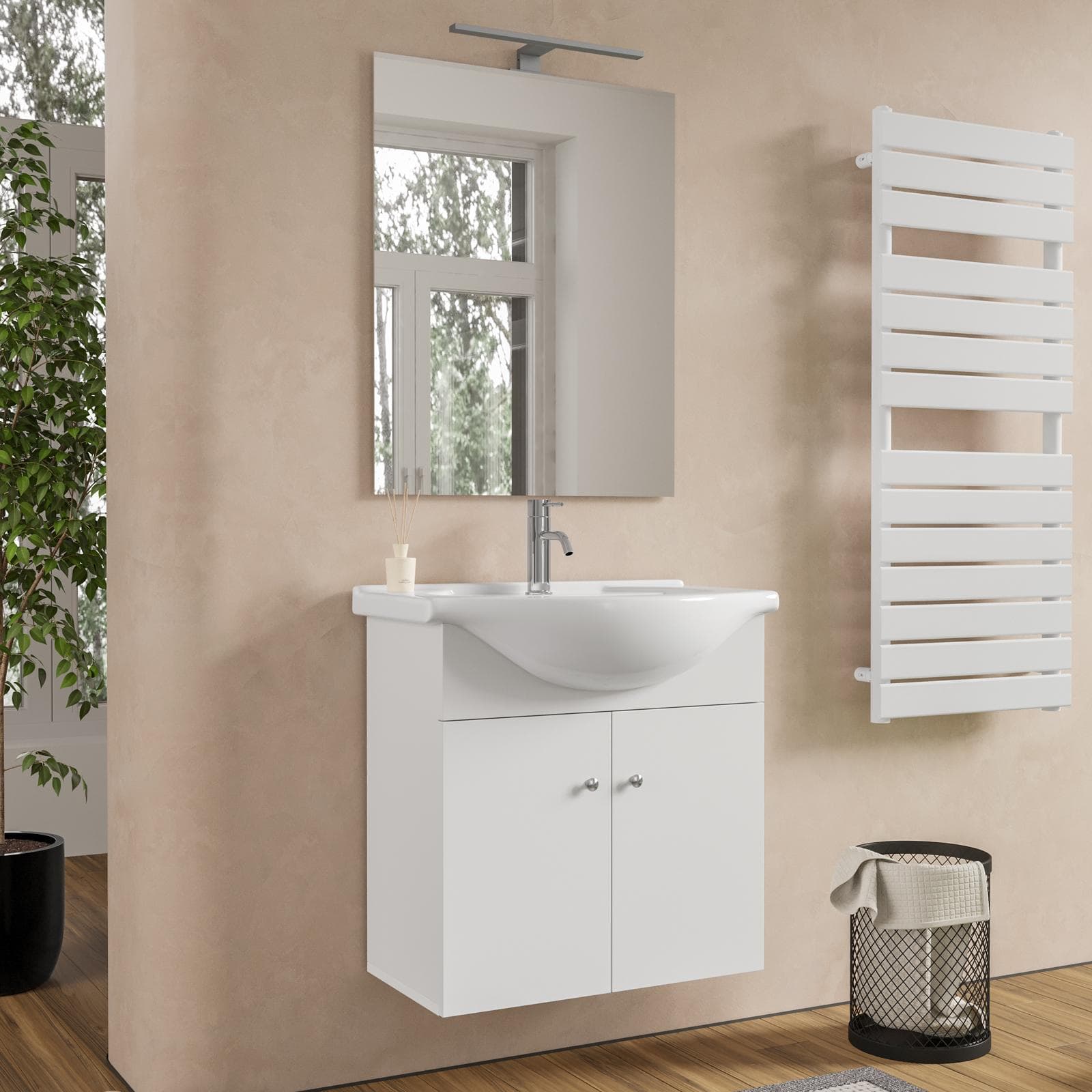 Mobile bagno sospeso 60 cm con lavabo integrato e specchio bianco opaco - Benjo