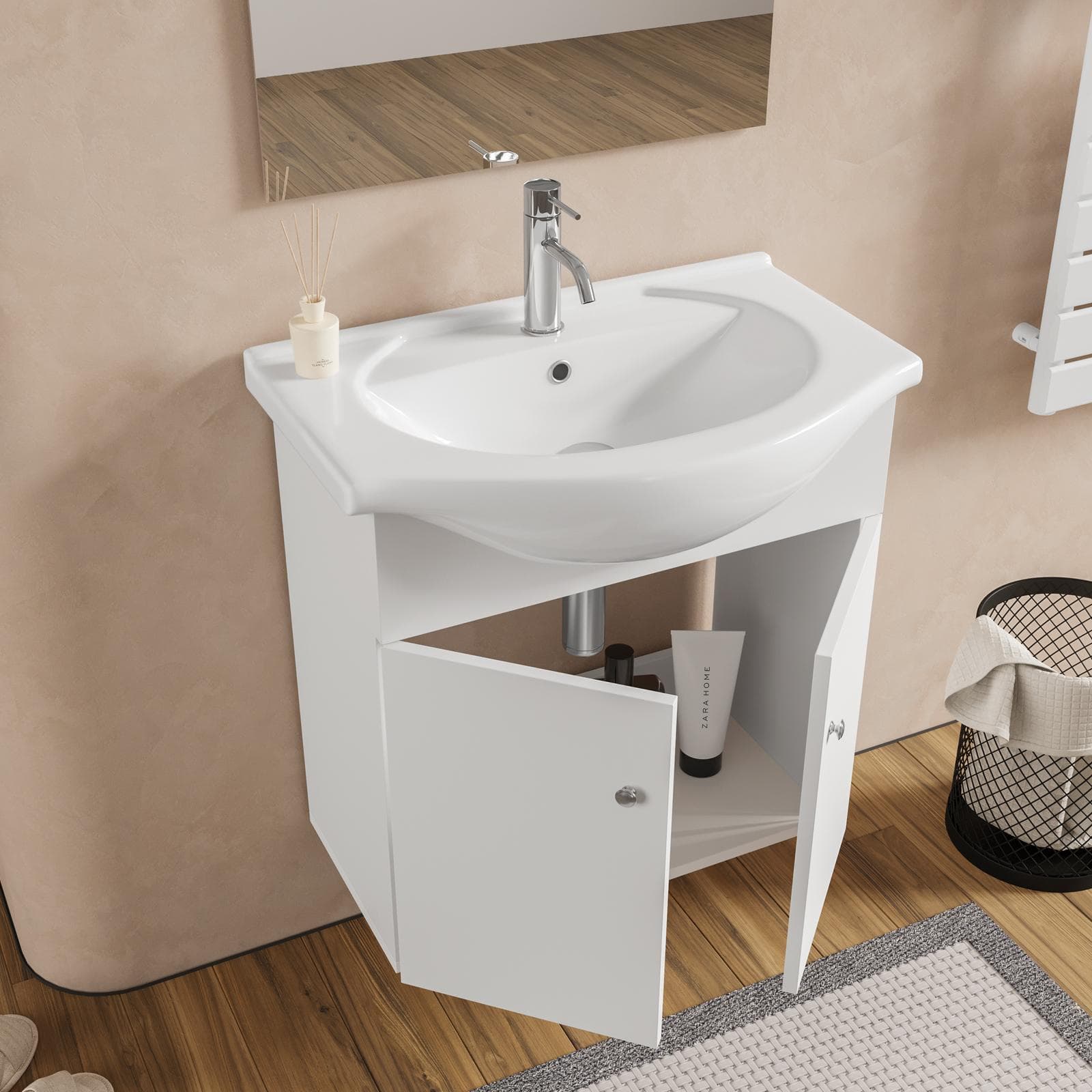 Mobile bagno sospeso 60 cm con lavabo integrato e specchio bianco opaco - Benjo