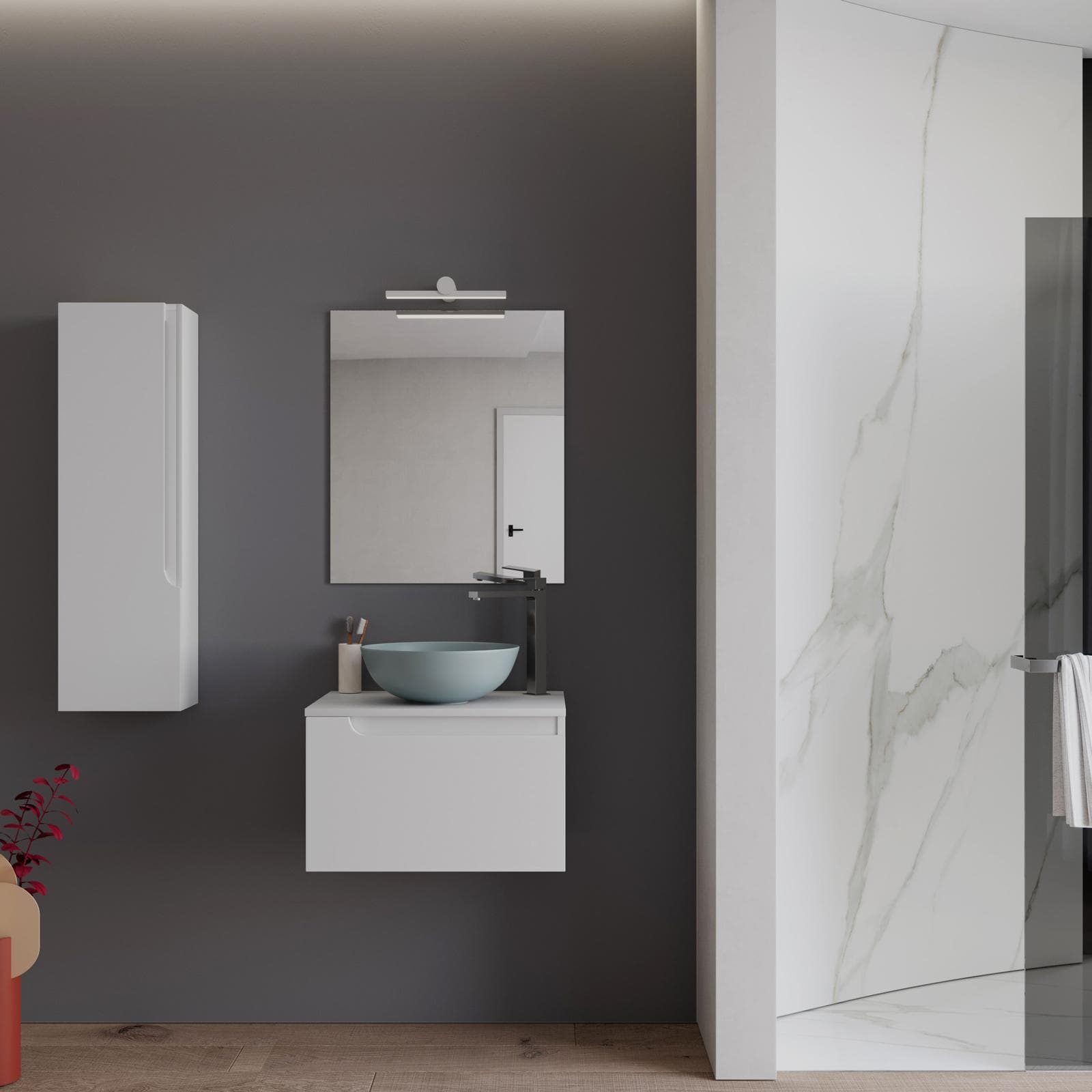 Mobile bagno sospeso 60 cm con top bianco opaco e specchio - Agave