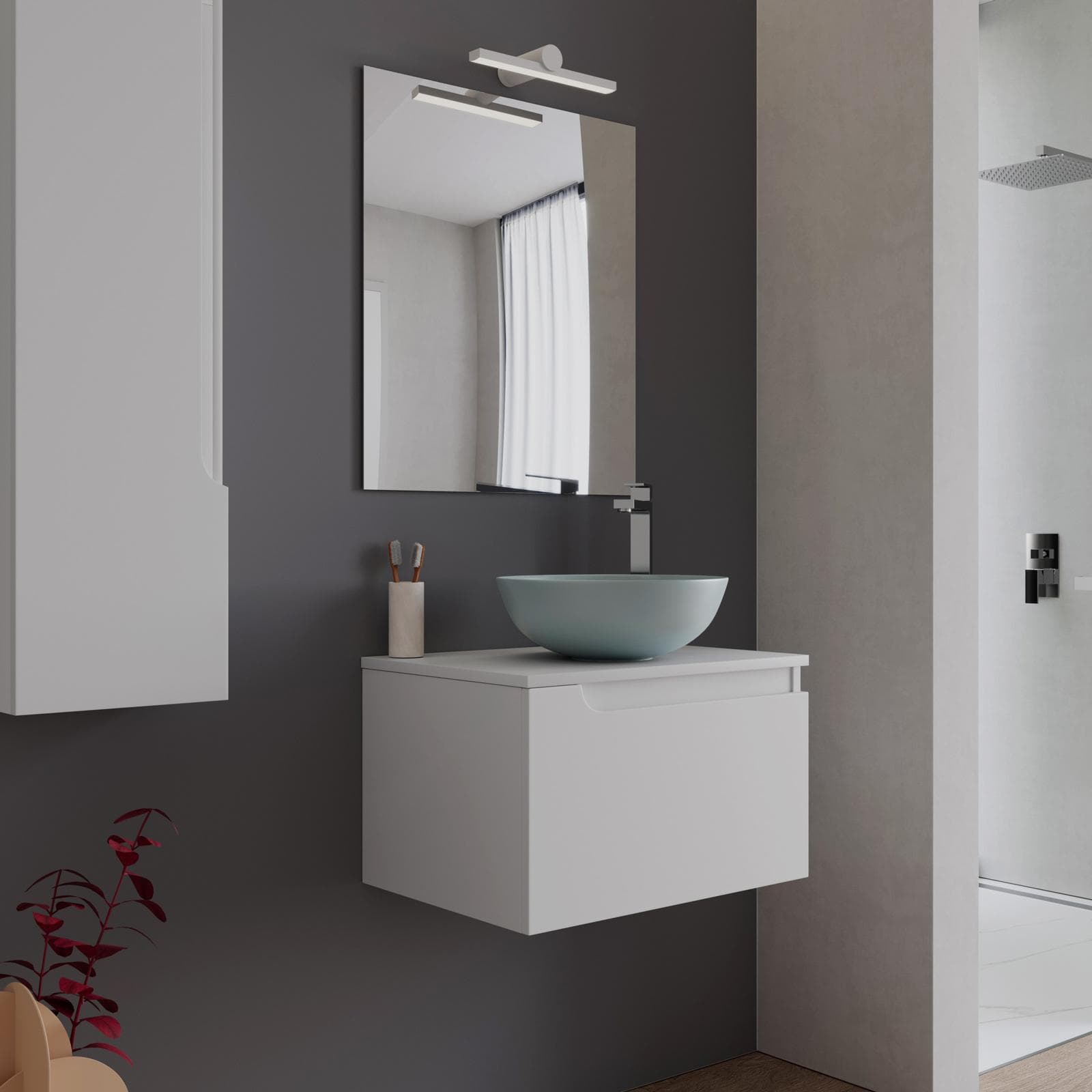 Mobile bagno sospeso 60 cm con top bianco opaco e specchio - Agave
