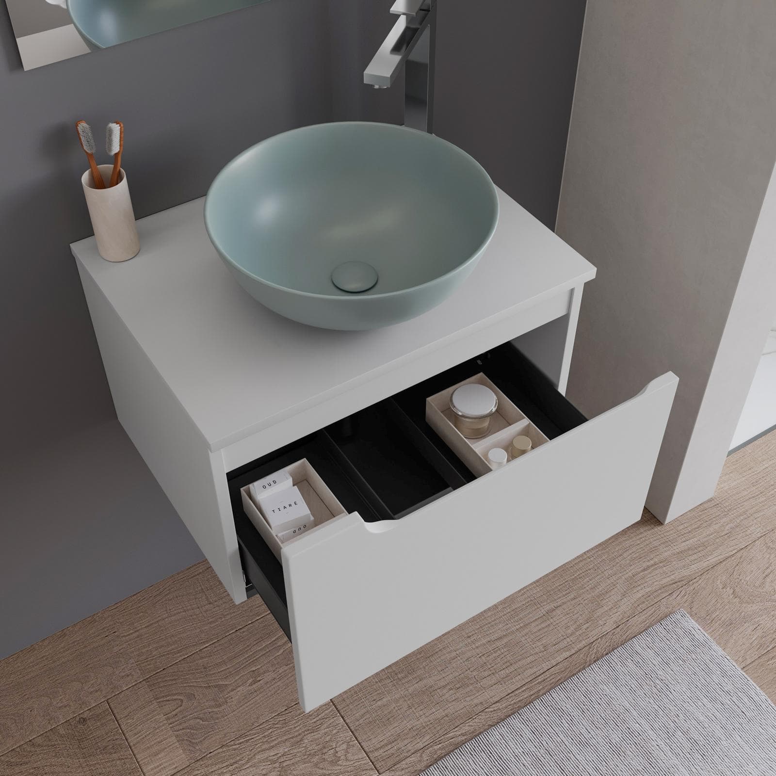 Mobile bagno sospeso 60 cm con top bianco opaco e specchio - Agave