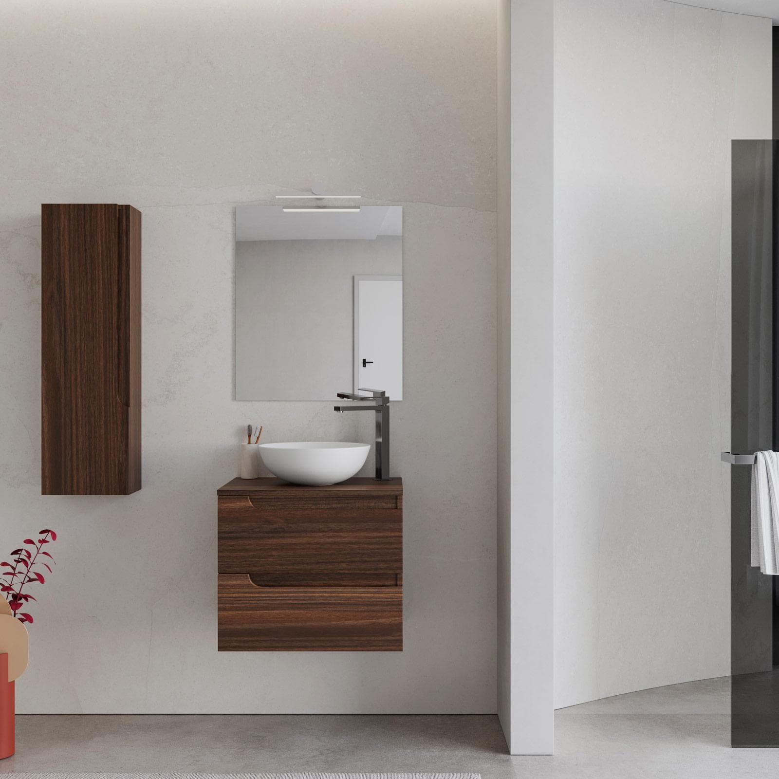 Mobile bagno sospeso 60 cm con top rovere deciso e specchio - Agave Plus