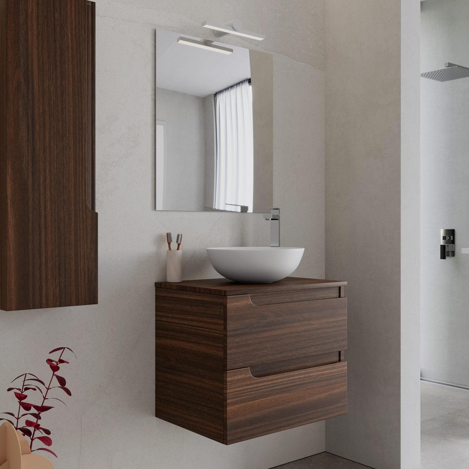 Mobile bagno sospeso 60 cm con top rovere deciso e specchio - Agave Plus