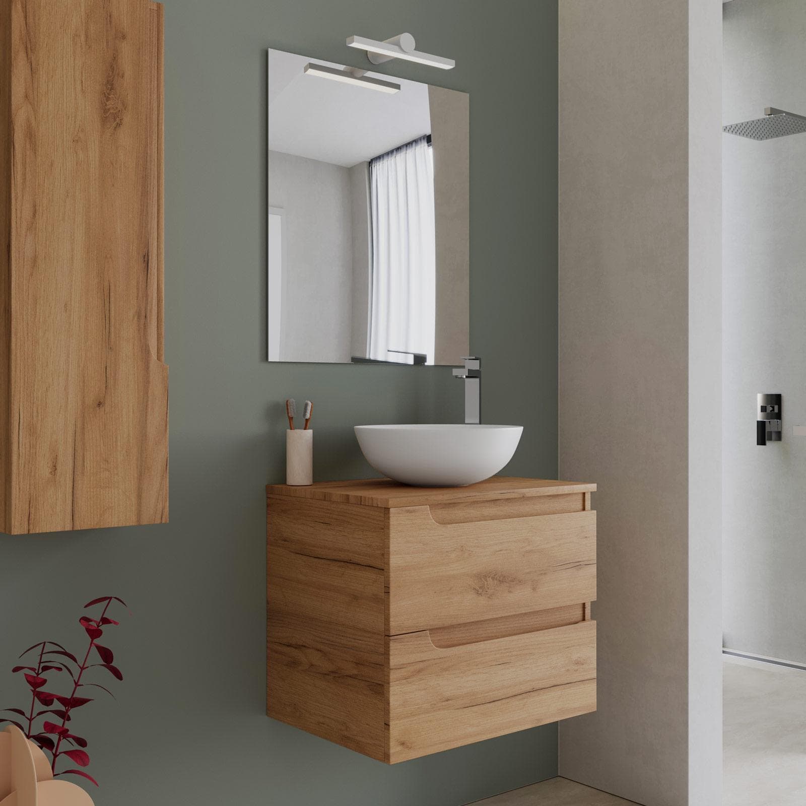 Mobile bagno sospeso 60 cm con top rovere gold e specchio - Agave Plus