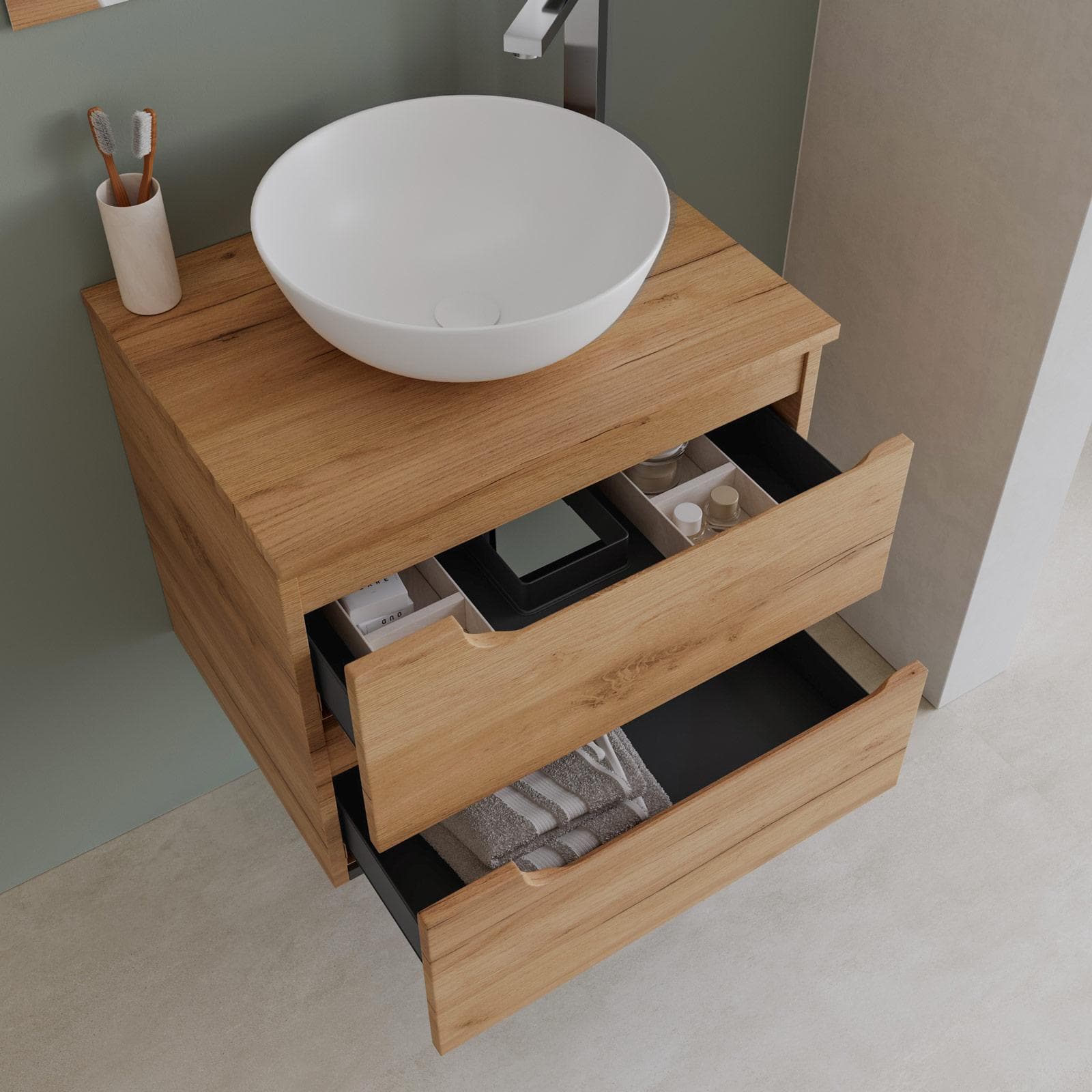 Mobile bagno sospeso 60 cm con top rovere gold e specchio - Agave Plus