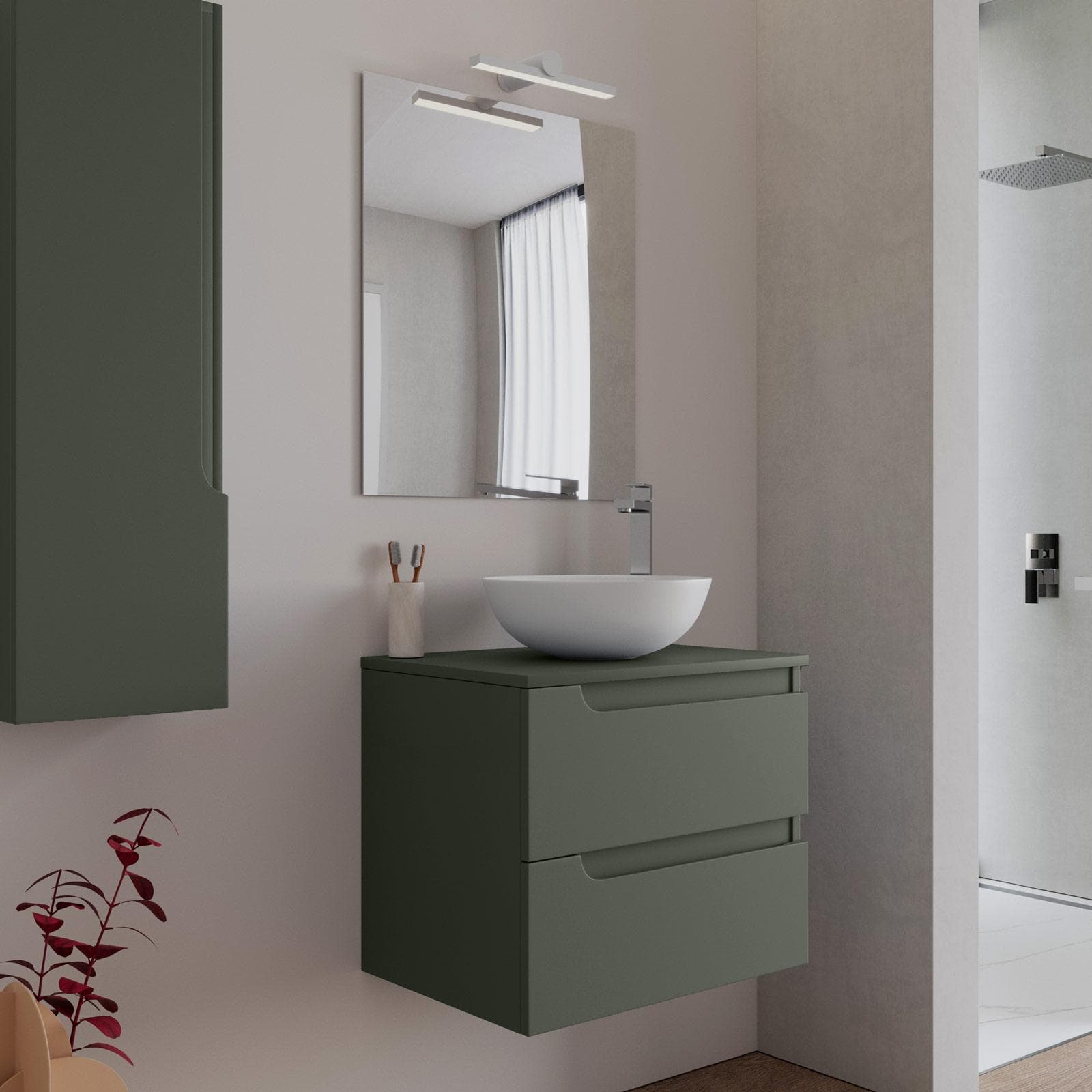 Mobile bagno sospeso 60 cm con top verde cemento e specchio - Agave Plus