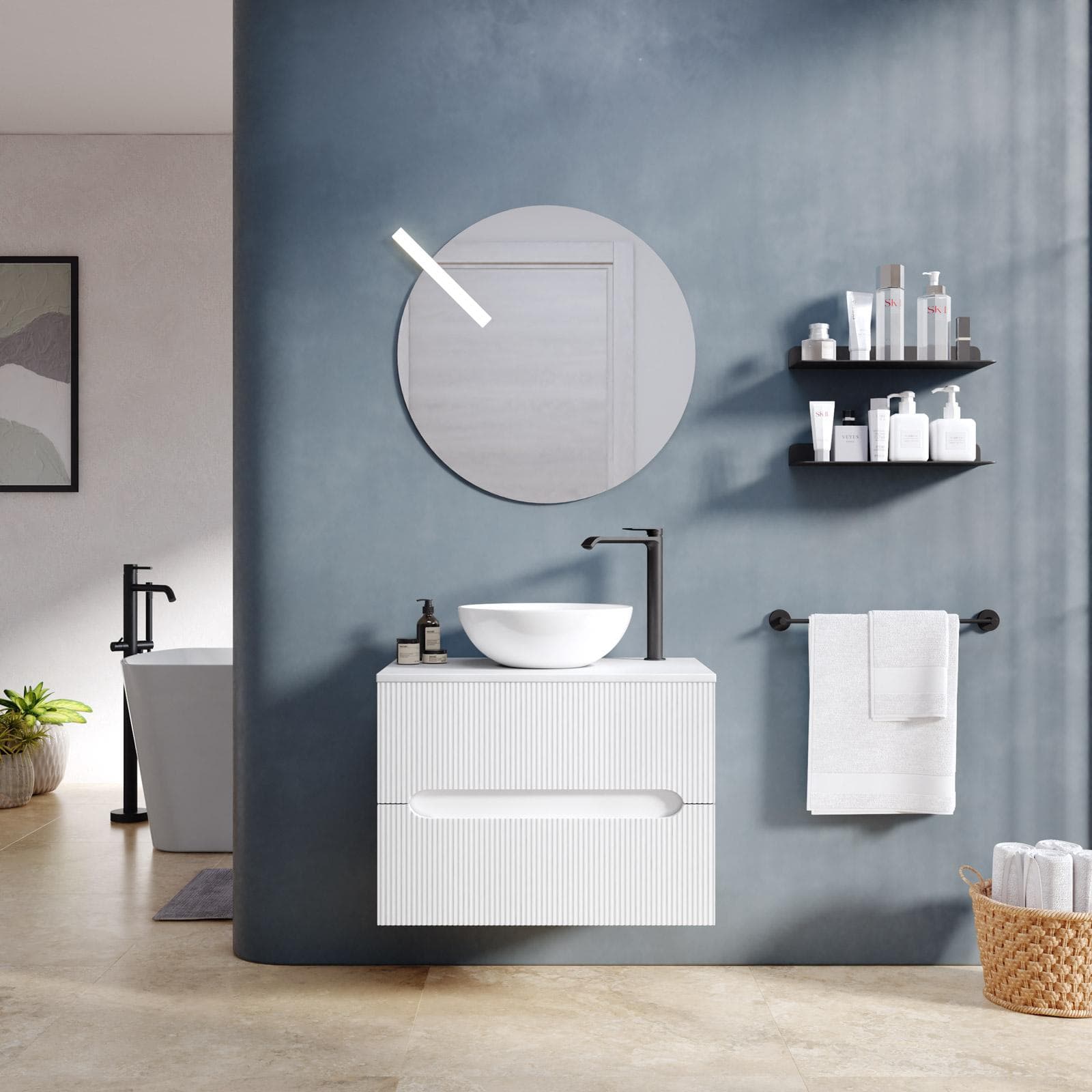 Mobile bagno sospeso 60 cm cannettato con cassetti bianco opaco e top - Tayga