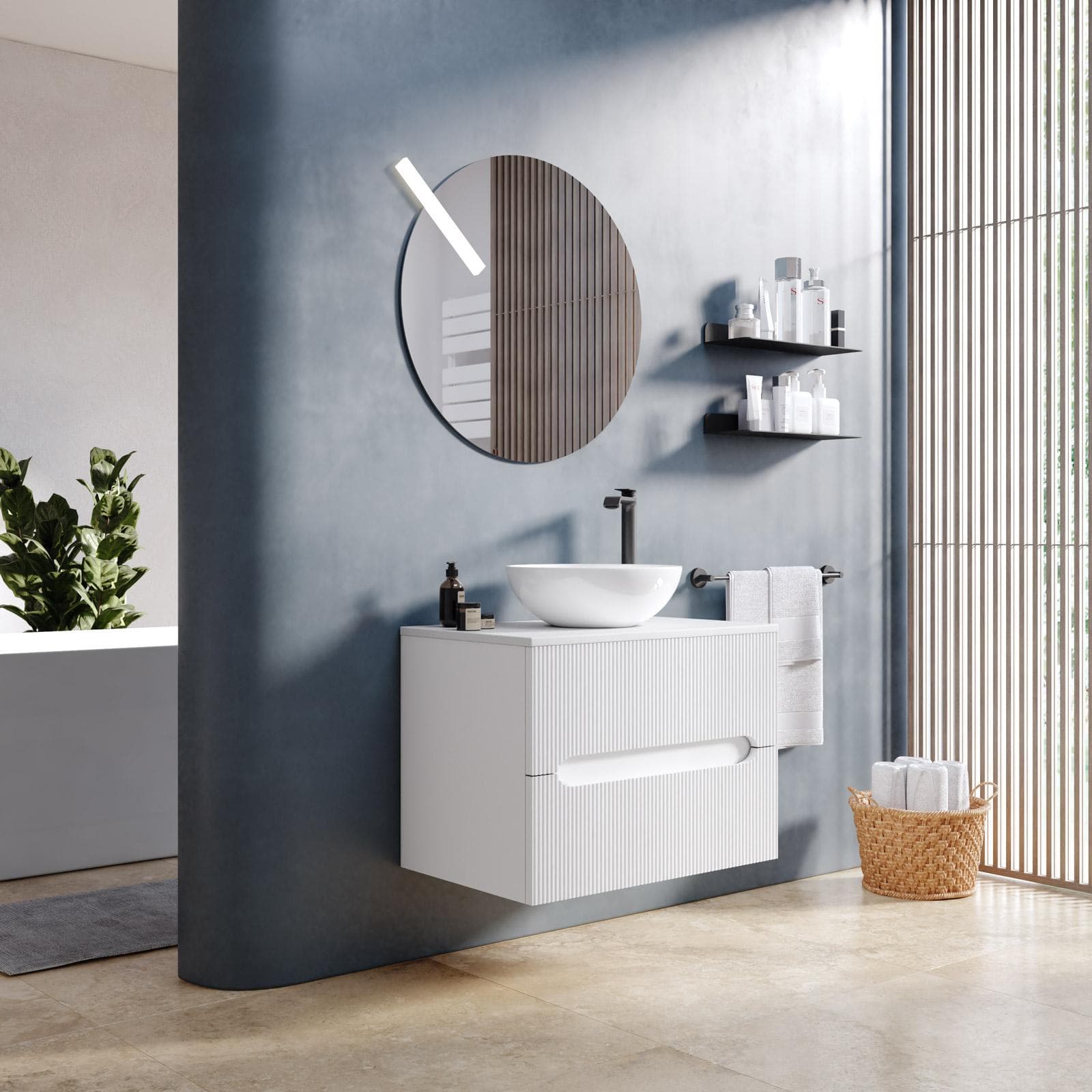 Mobile bagno sospeso 60 cm cannettato con cassetti bianco opaco e top - Tayga