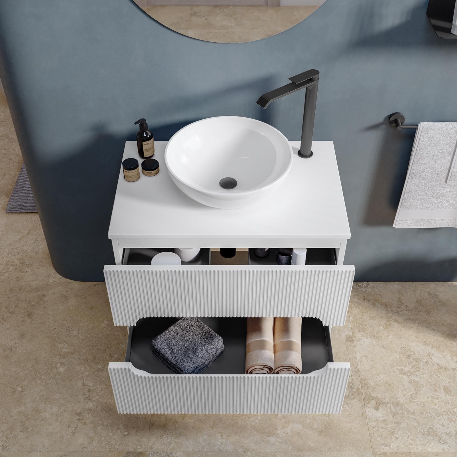 Mobile bagno sospeso 60 cm cannettato con cassetti bianco opaco e top - Tayga